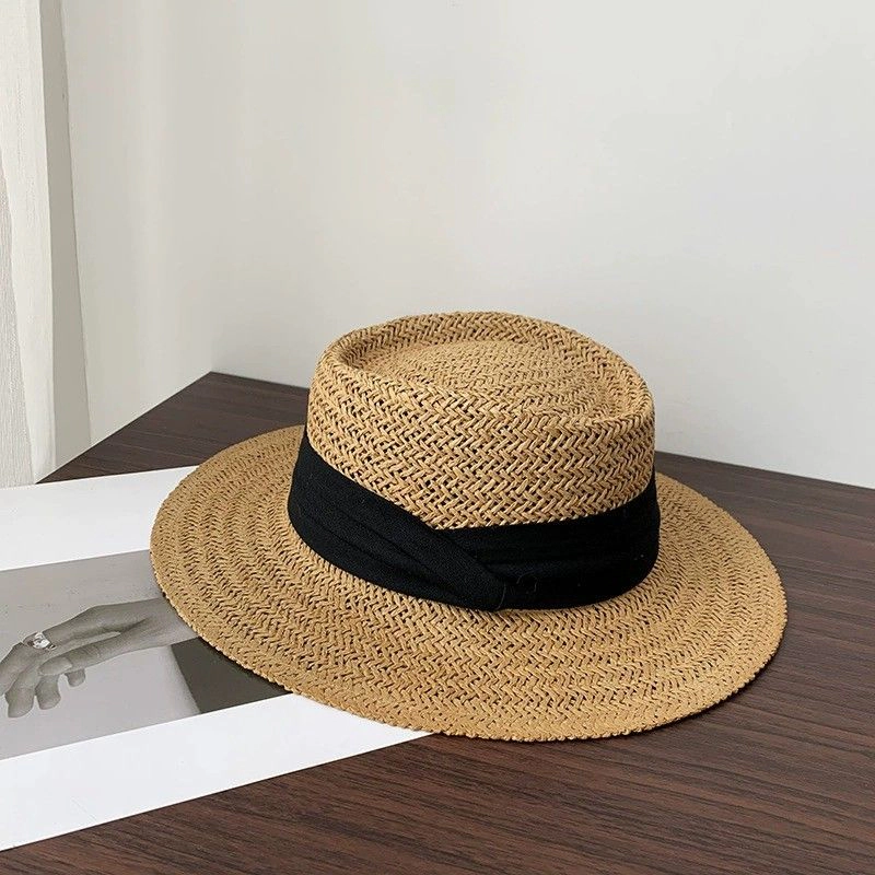 Anna-Kaci Womens Straw Boater Hat Flat Top Wide Brim Summer Beach Sun Hat Lightweight, Natural