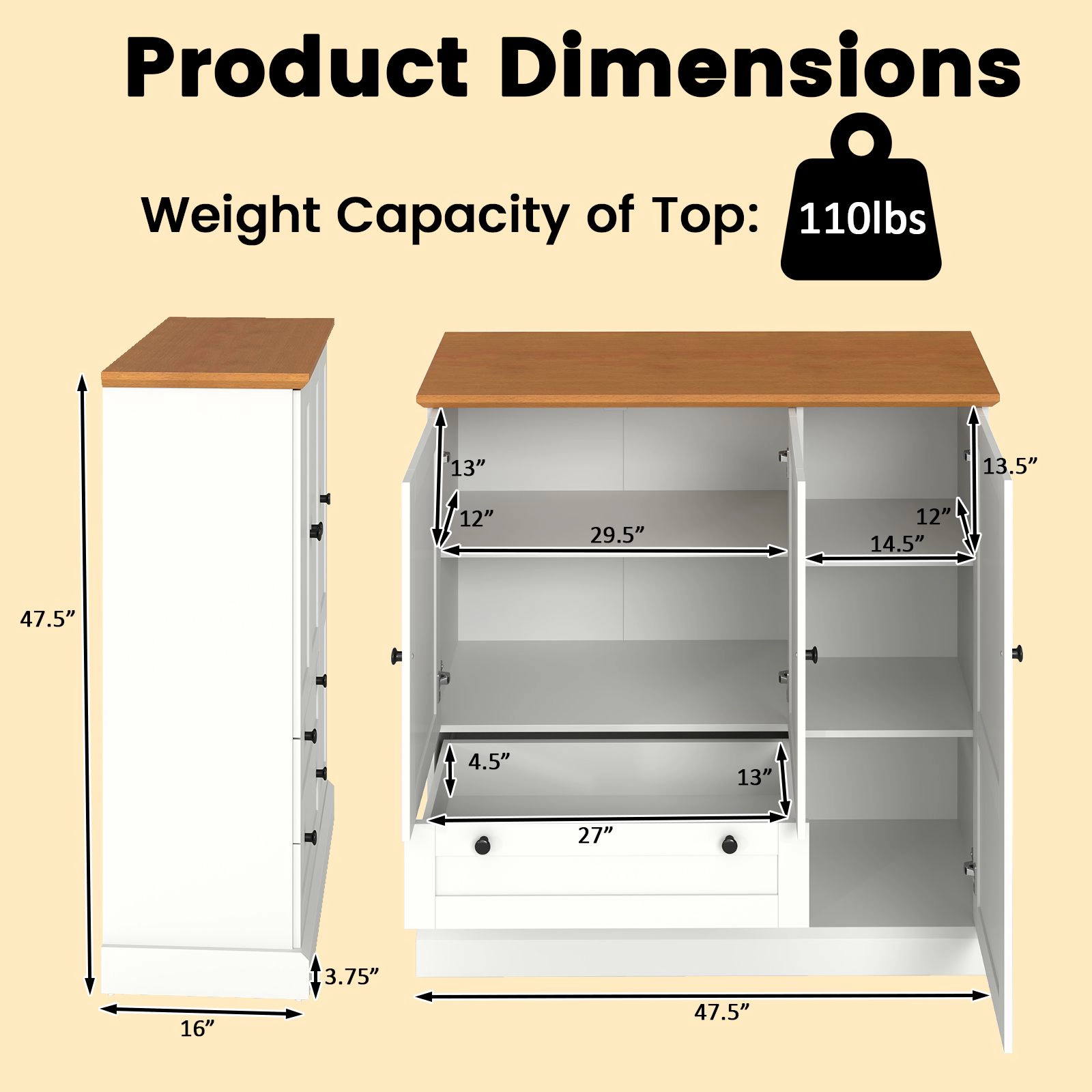 SlickBlue 47.5 Inch Kitchen Pantry Cabinet with Drawers and Storage White