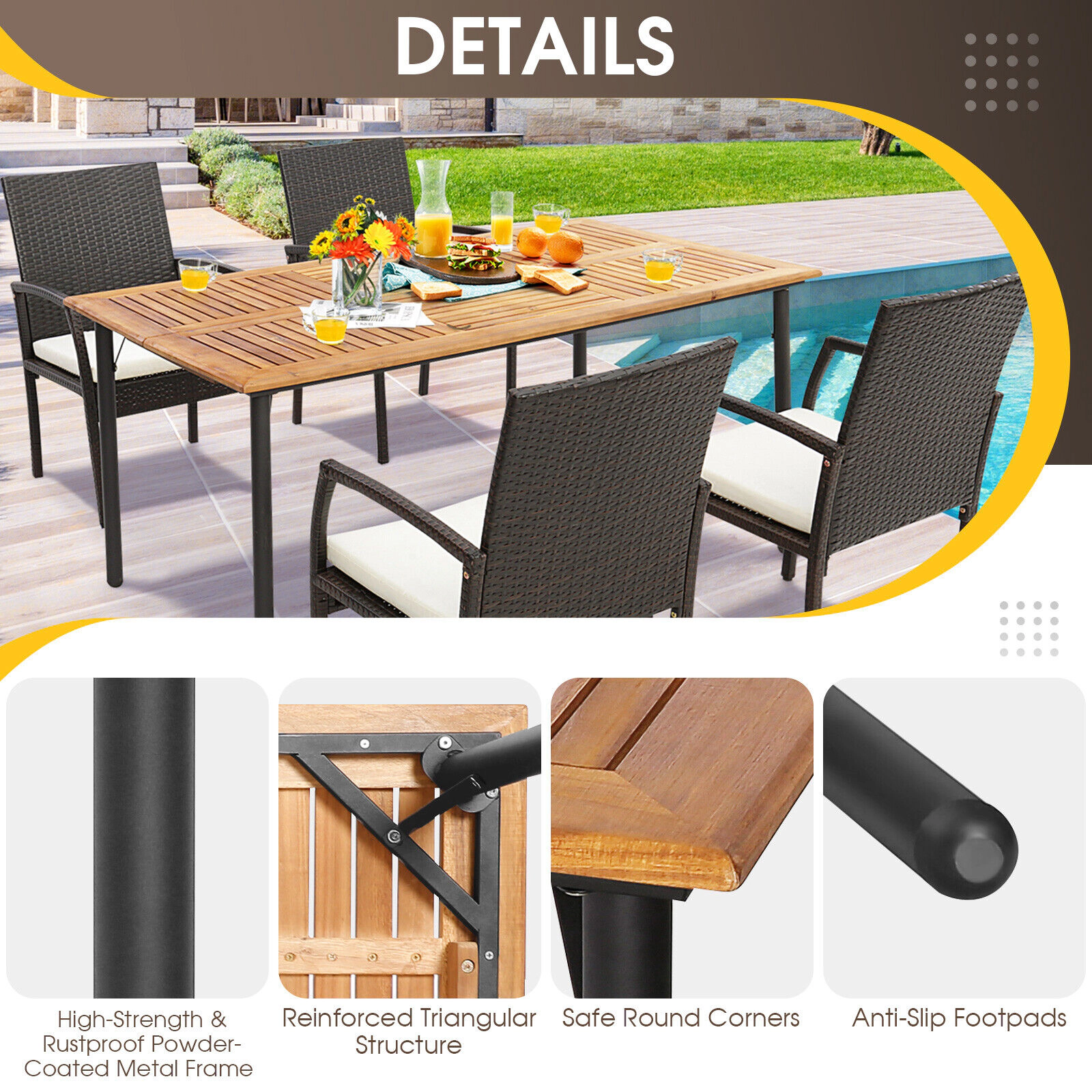 SUGIFT 7-Piece Brown Wicker Patio Dining Set with Acacia Table and 6 Chairs