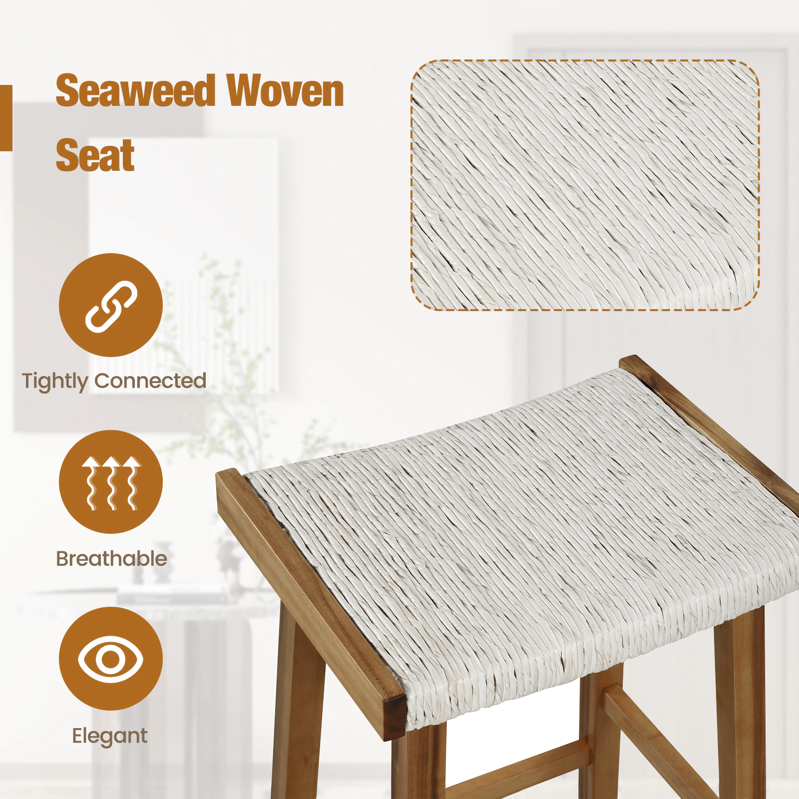 SUGIFT Seaweed Woven Curved Seat and Acacia Frame Set of 2 Natural 25.5 in Bar Stools