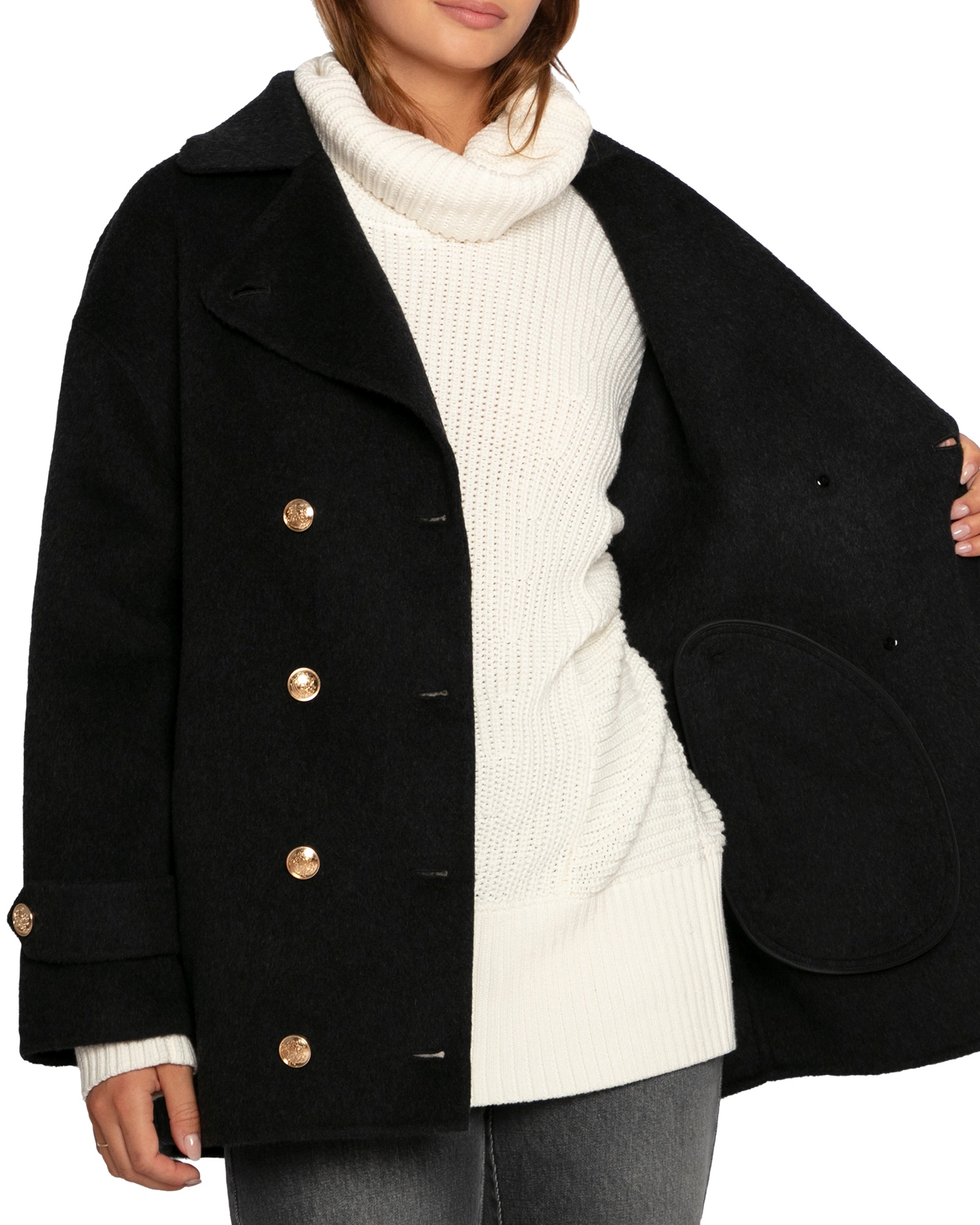 Belle & Bloom Right and Forward Double Breasted Wool Blend Pea Coat