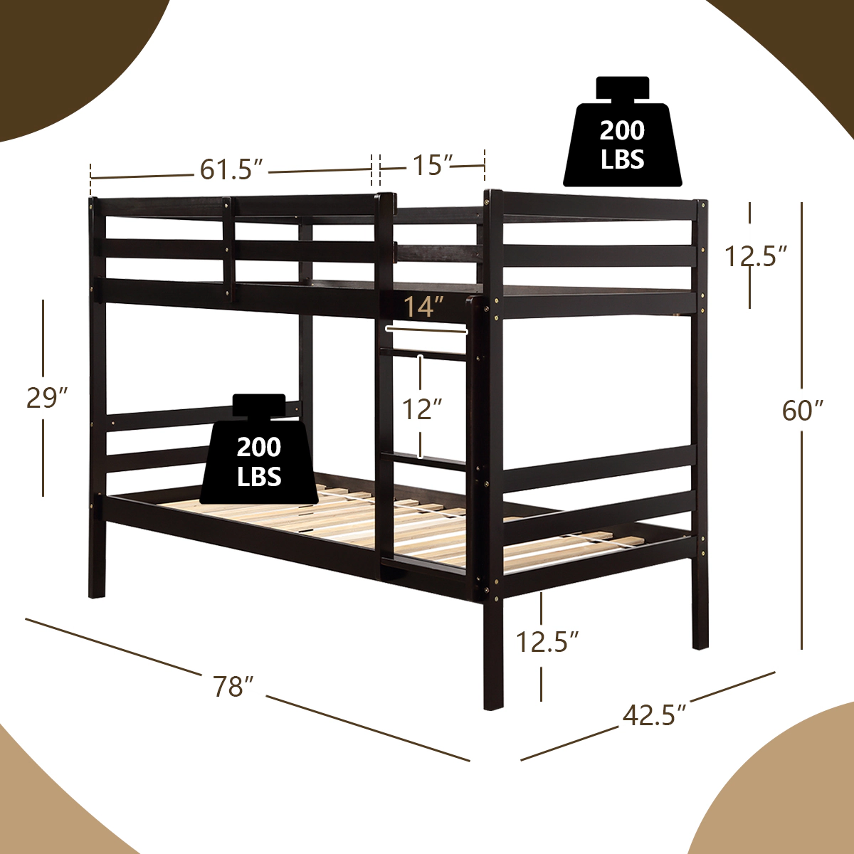 SUGIFT Twin-Over-Twin Bunk Bed with Guardrails and Wide Ladder 330-lb Upper 400-lb Lower Capacity Brown