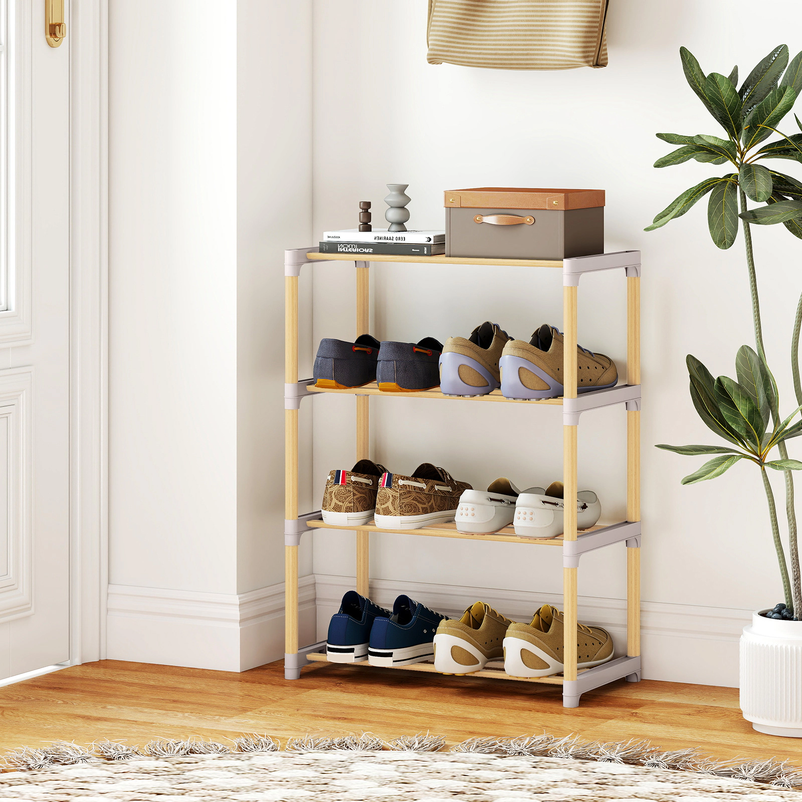 SUGIFT 4-Tier Pine Wood Shoe Rack Slatted Open Shelves 33-lb Capacity Per Shelf 20-in Wide Stackable Natural + Gray