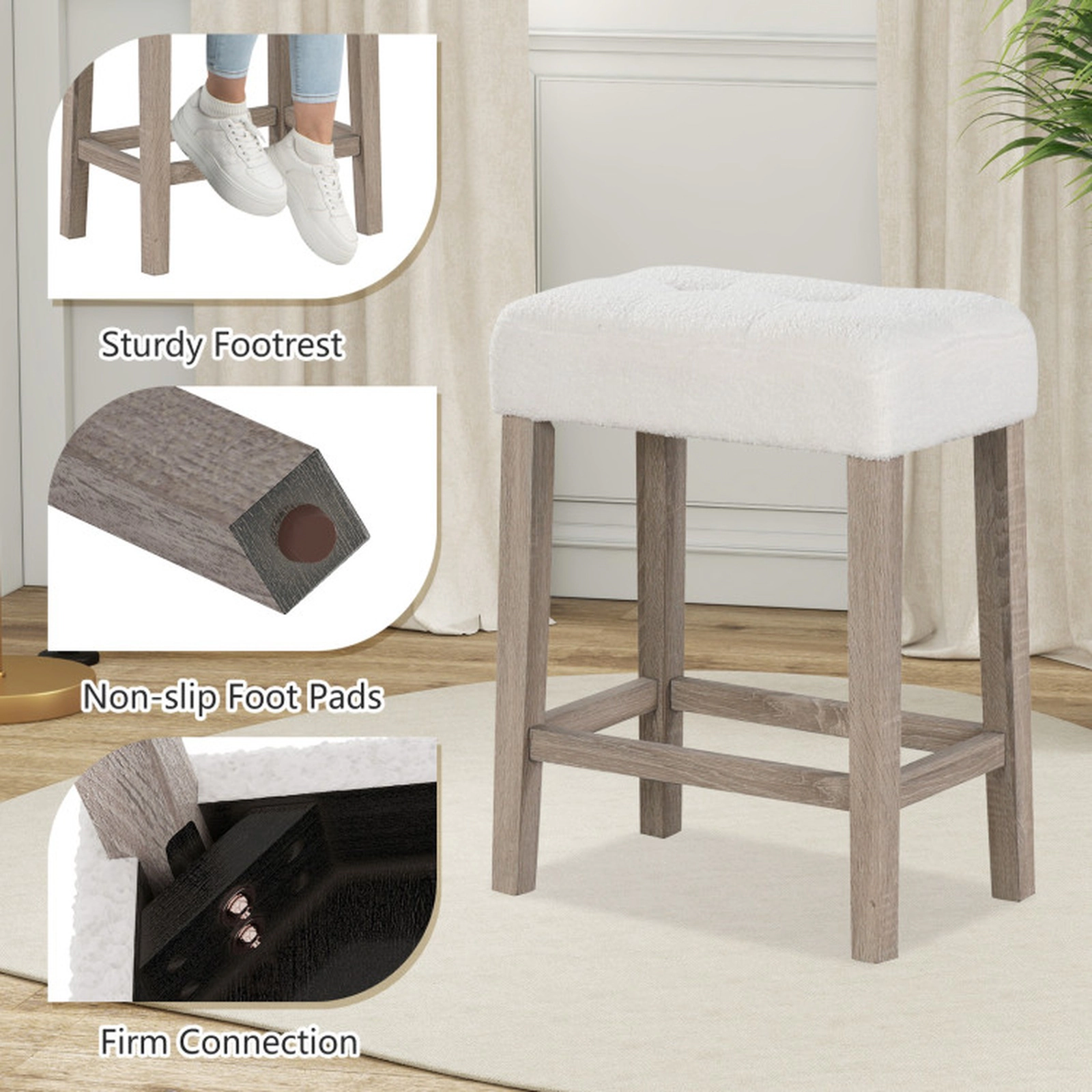 SUGIFT Modern Counter Height Bar Stools Set of 2 with Rubber Wood Legs 18-in High Seat 350-lb Capacity White and Gray