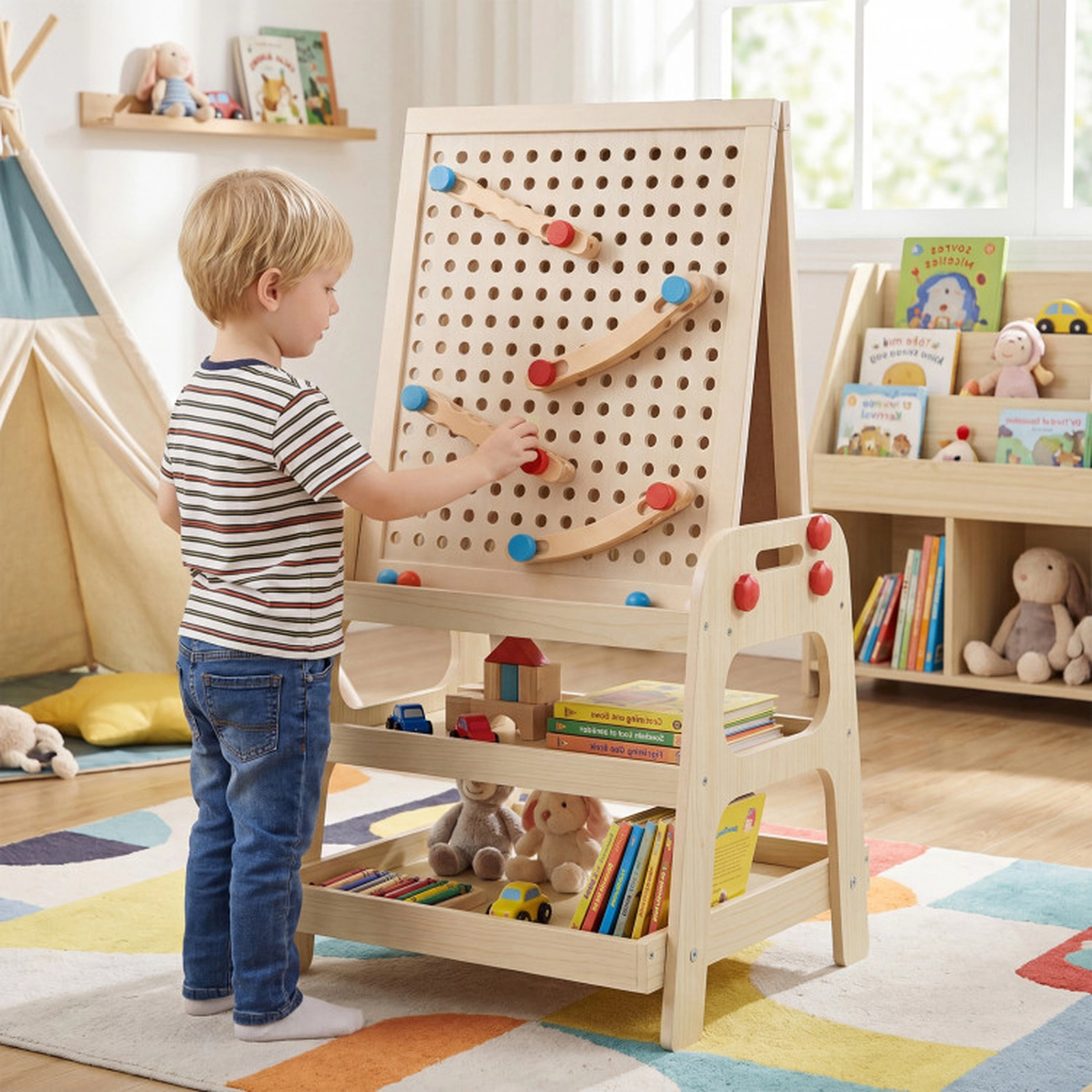 SUGIFT 2-in-1 Kids Art Easel with Magnetic Whiteboard and Marble Run Game 44-lb Capacity Ages 3+ 36-in Tall Natural