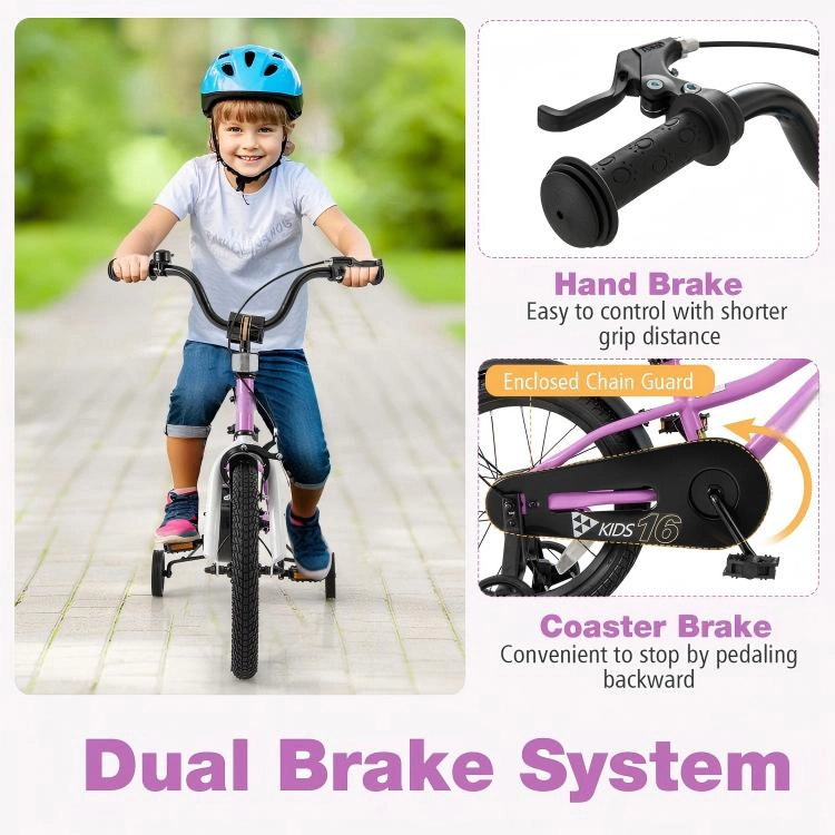 SUGIFT Purple 2 Brakes Detachable Training Wheels and Bell Kids 16 Inch Training Bicycle