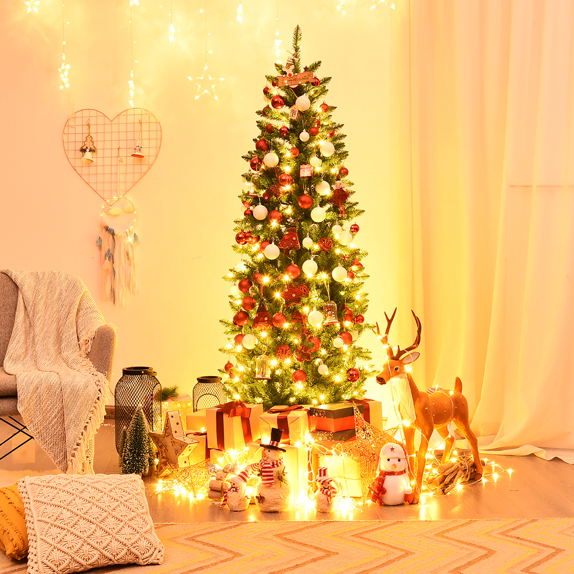 Costway 5/6/7Ft Pre-lit Artificial Pencil Christmas Tree Hinged Fir PVC Tree with 150/250/350 LED Lights