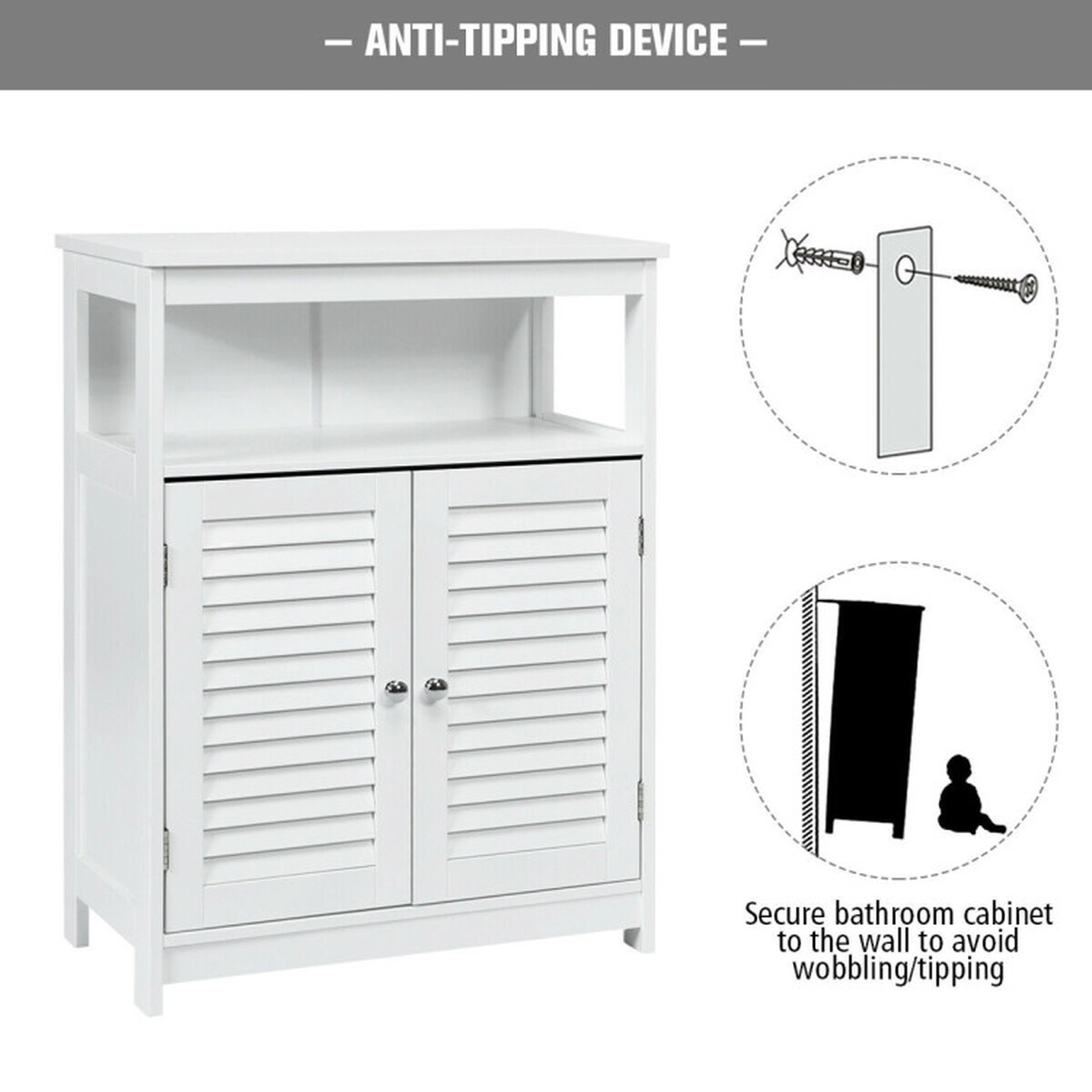 SUGIFT White 77-lb Top Capacity Double Shutter Door Freestanding Bathroom Storage Cabinet with Open Shelf