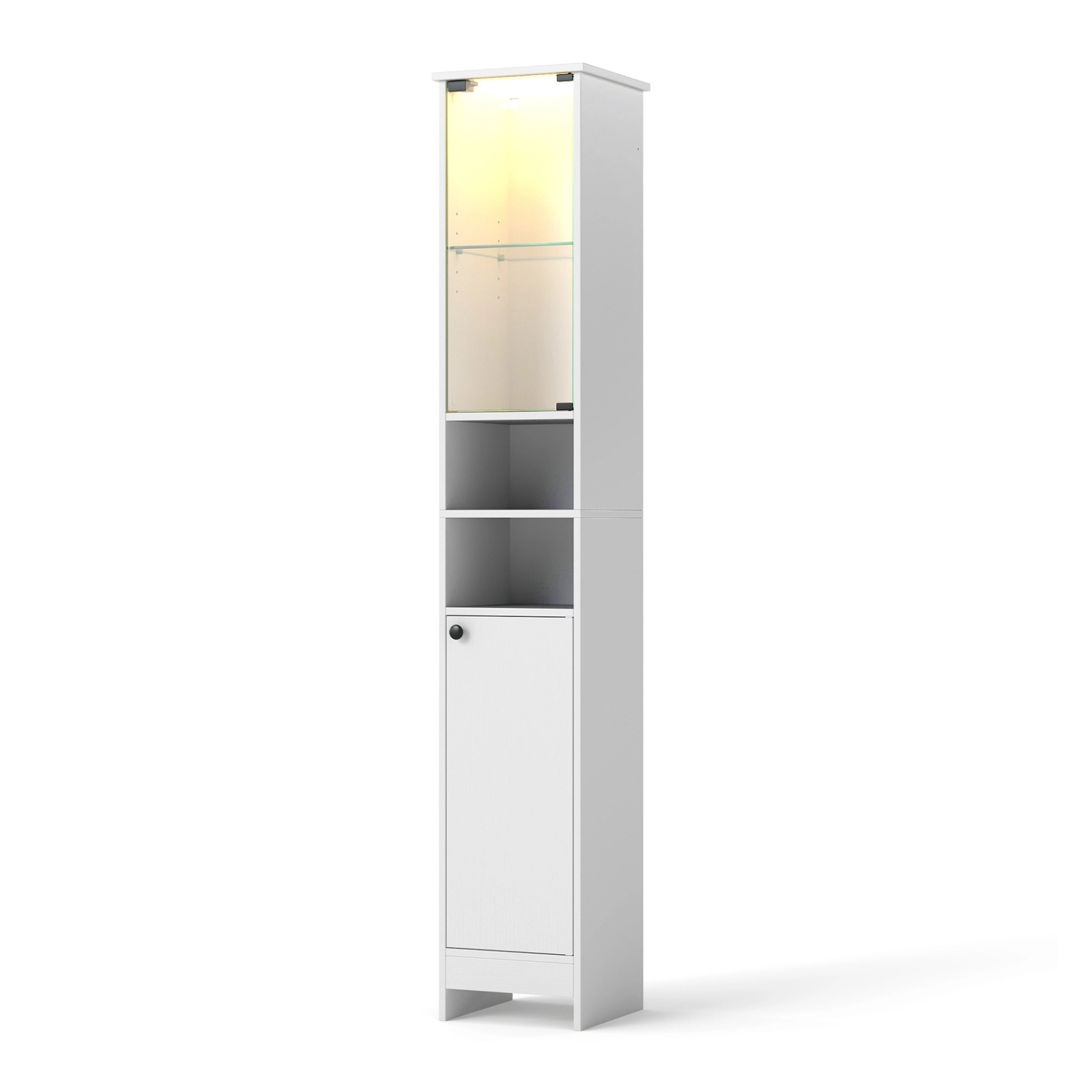 Glintex 67-Inch LED Bathroom Cabinet with Push-to-Open Tempered Glass Door, White