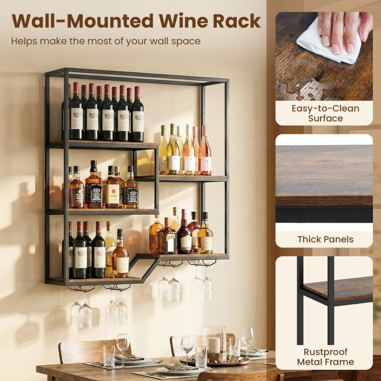 Hivvago Wall Mounted Wine Rack 6-Tier Hanging Bar Shelf with Bottle Display Shelf and Glass Holder