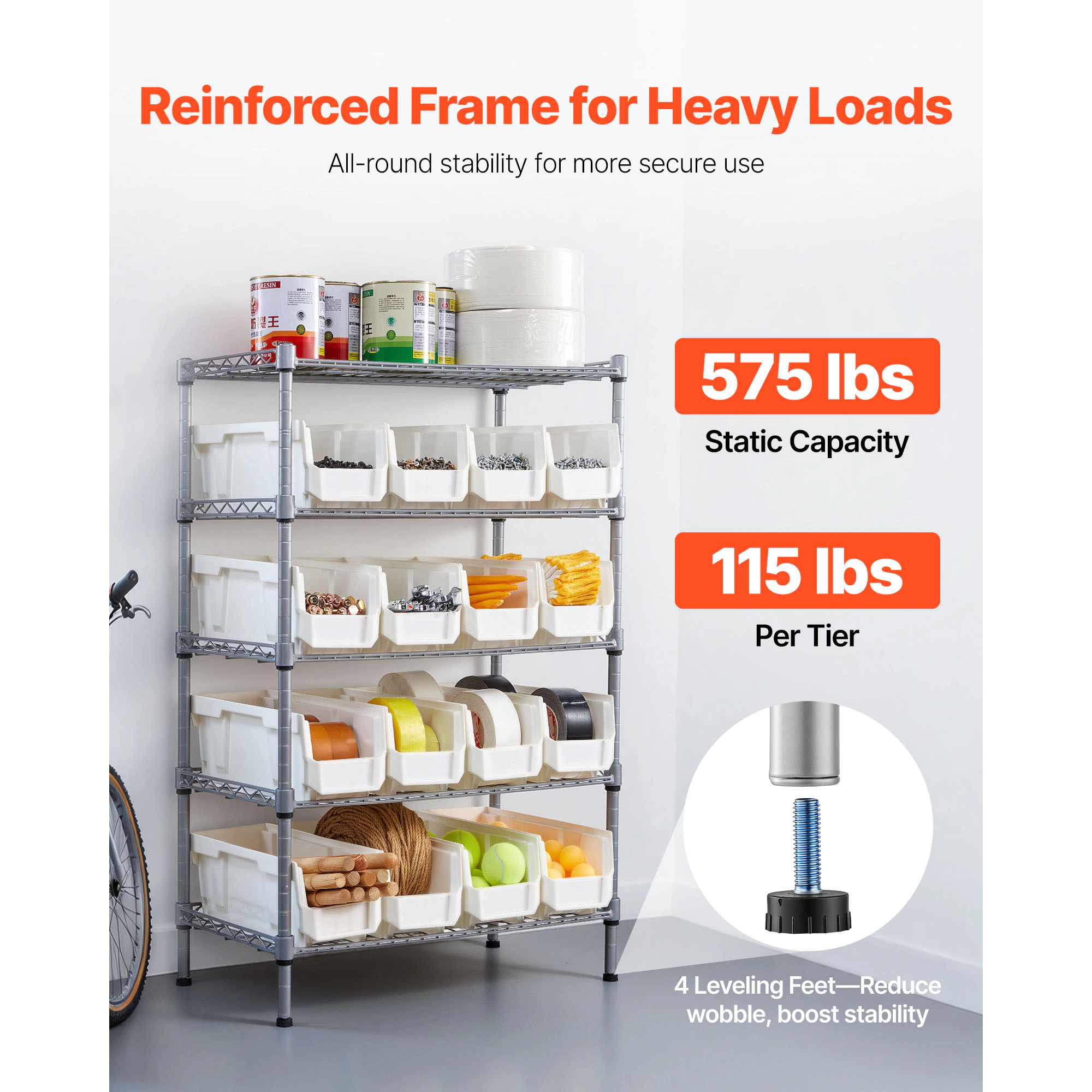 Flynama 5-Tier Rolling Bin Storage Rack with 16 Bins and Wheels, Mobile Steel Organizer for Garage, Warehouse and Office