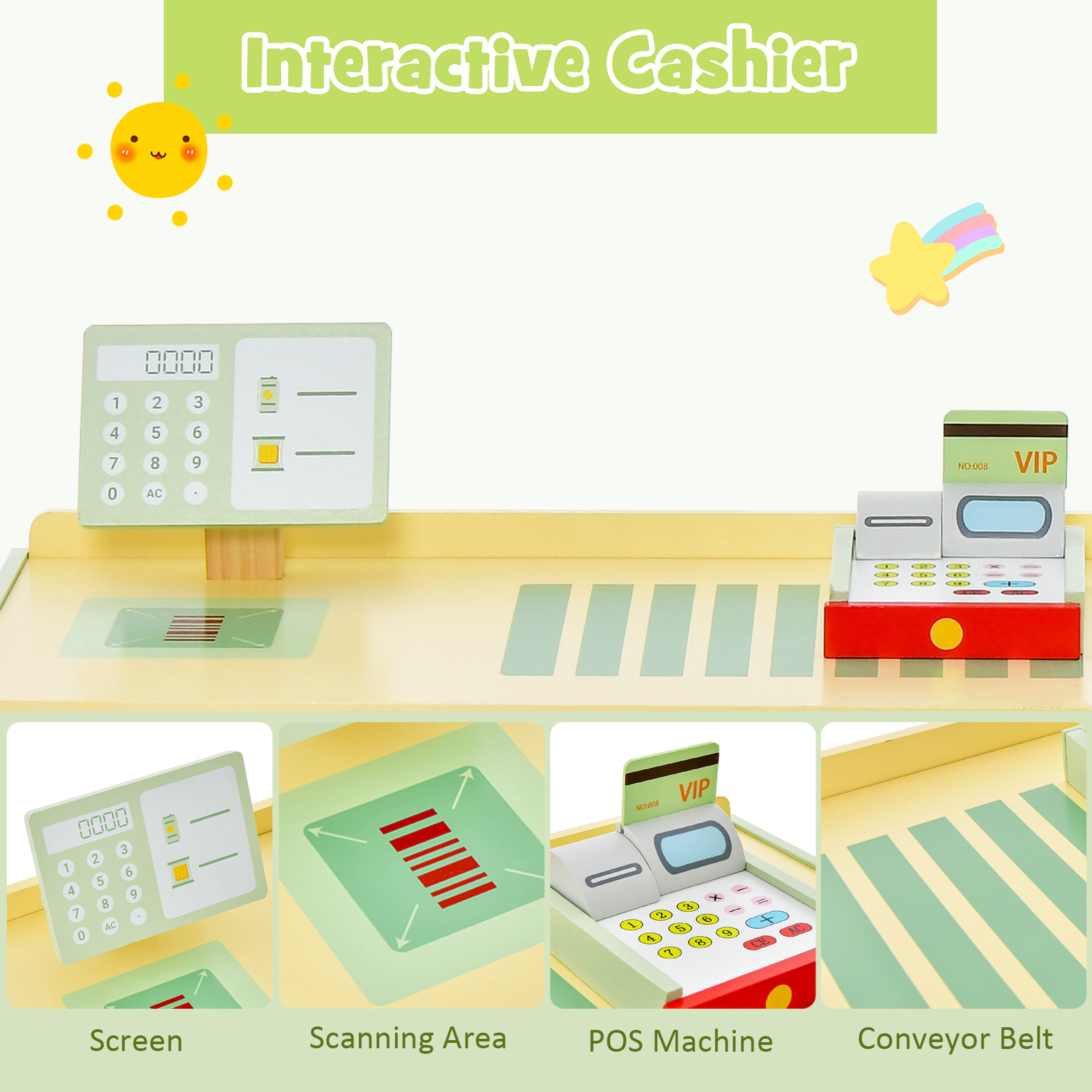 Cash Register Supermarket Playset Vending Machine 3 Shelves 2 Display Racks 35-in Wooden Grocery Store Ages 3-8 Green