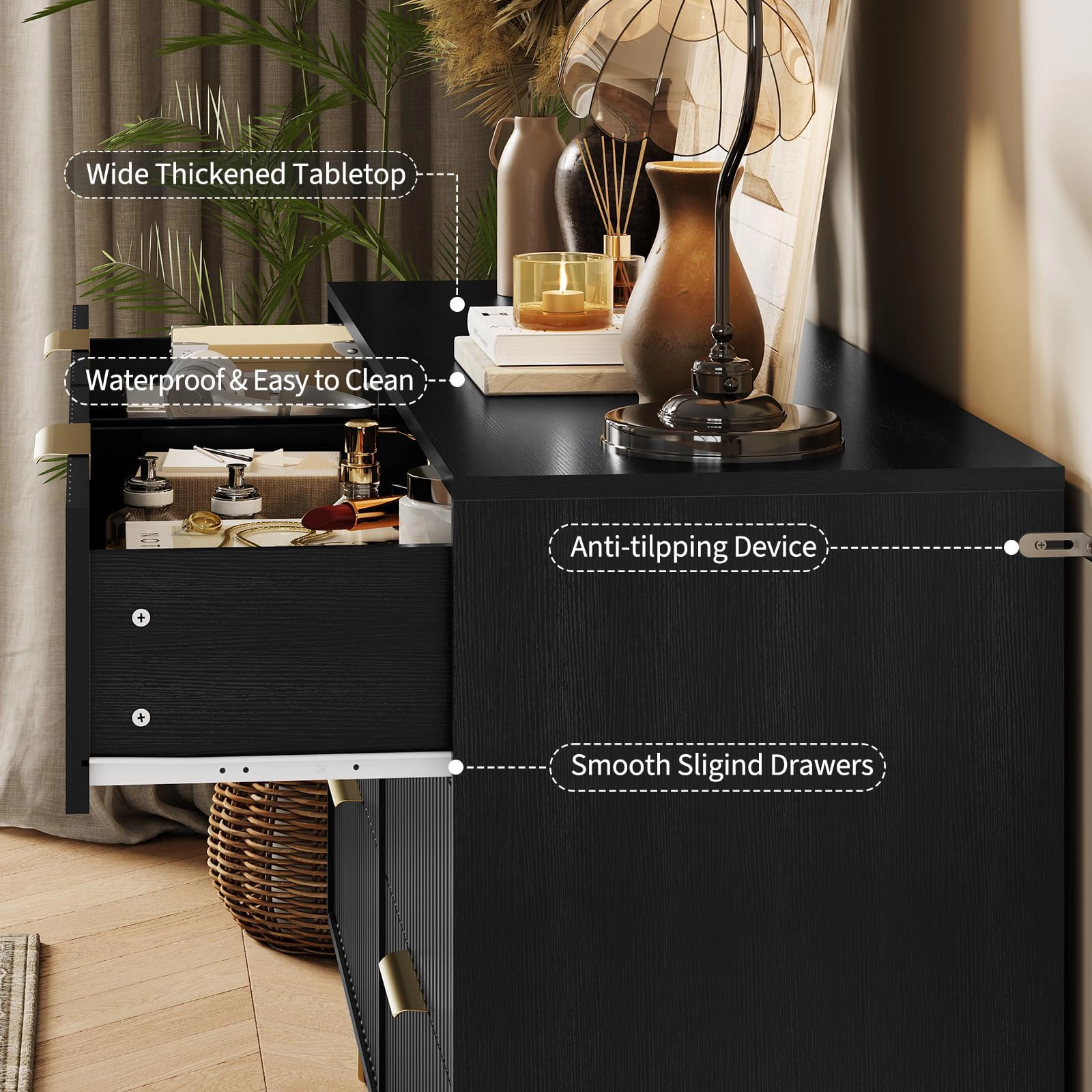47" Wide Fluted 6 Drawer Dresser with Metal Handles, Modern Wood Storage Chest