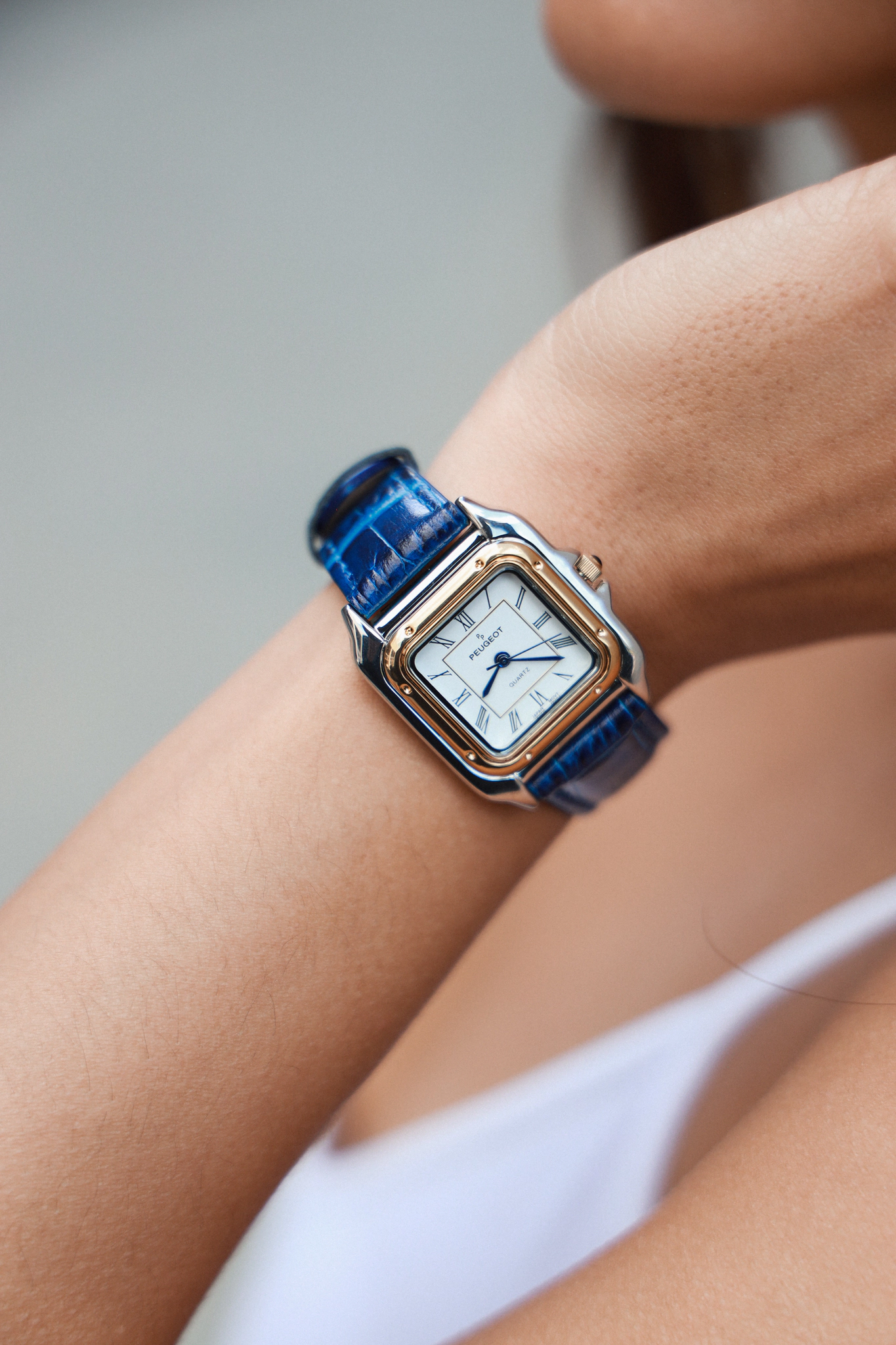 Peugeot Women's Watch 36mm Square Tank Shape Blue Leather Strap Watch