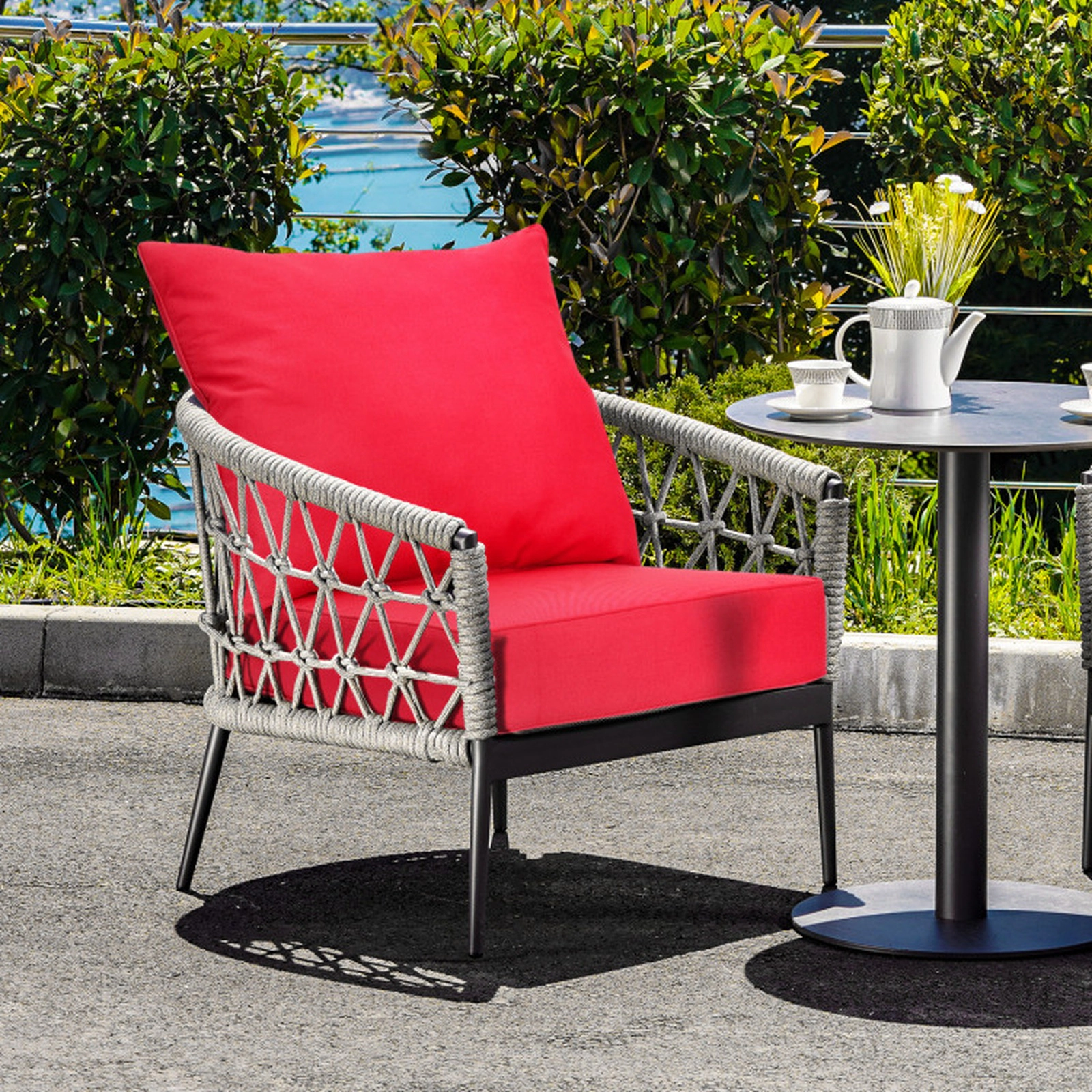 SUGIFT Red Deep Seat Outdoor Patio Chair Cushion Set with Back Pad and Rope Belts 25-in W 25-in D 5-in H
