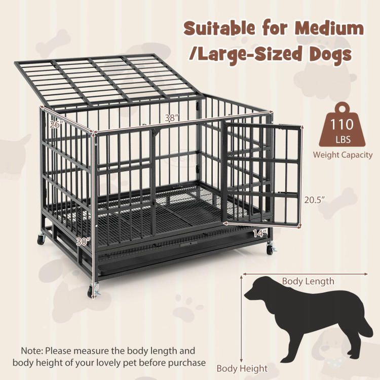 SUGIFT Black 38-in Foldable Heavy Duty Metal Dog Cage with Lockable Rolling Casters and Pull-Out Tray