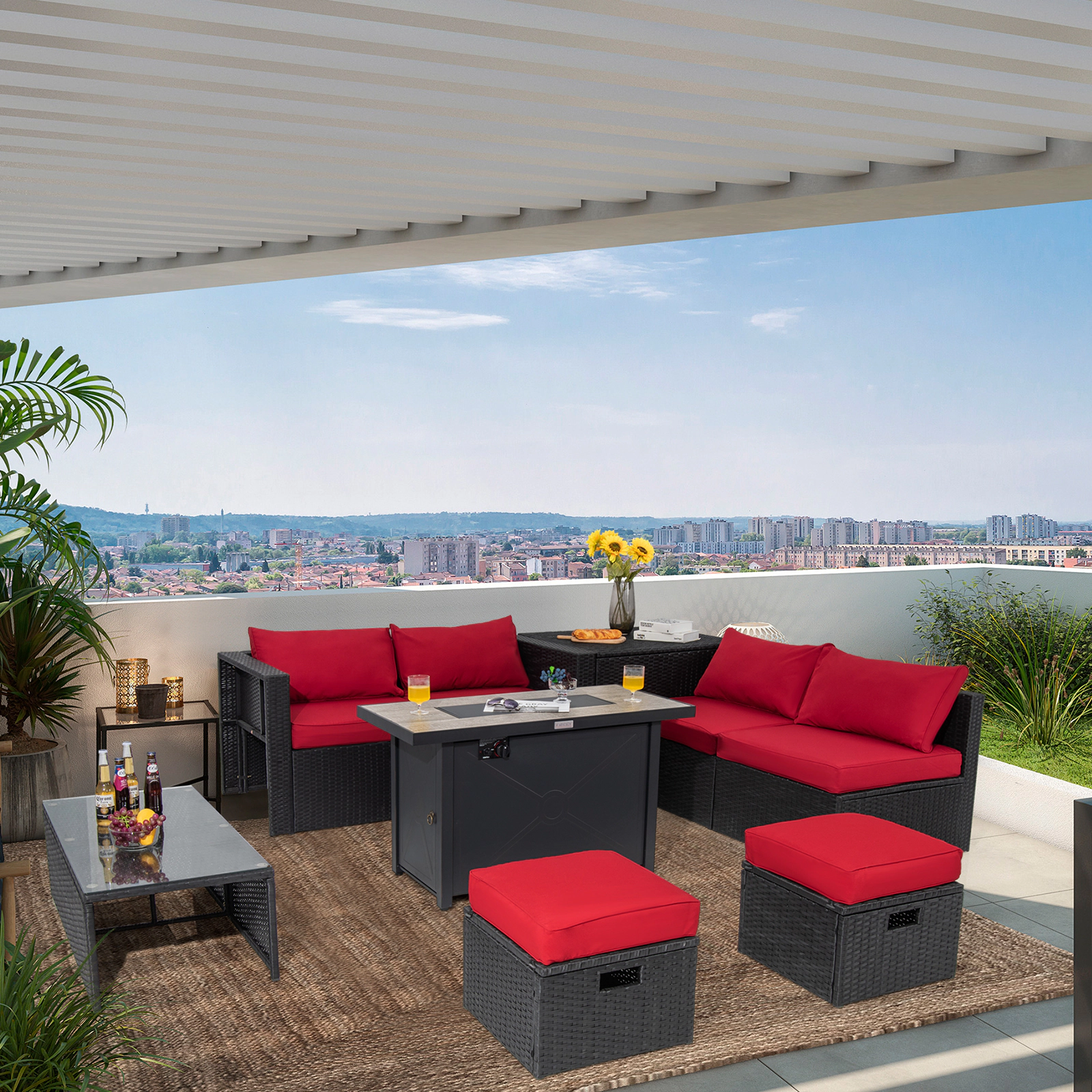 LJG 9 Pieces Outdoor PE Rattan Wicker Sectional Sofa with 42 Inch 60 000 BTU Gas Fire Pit Table