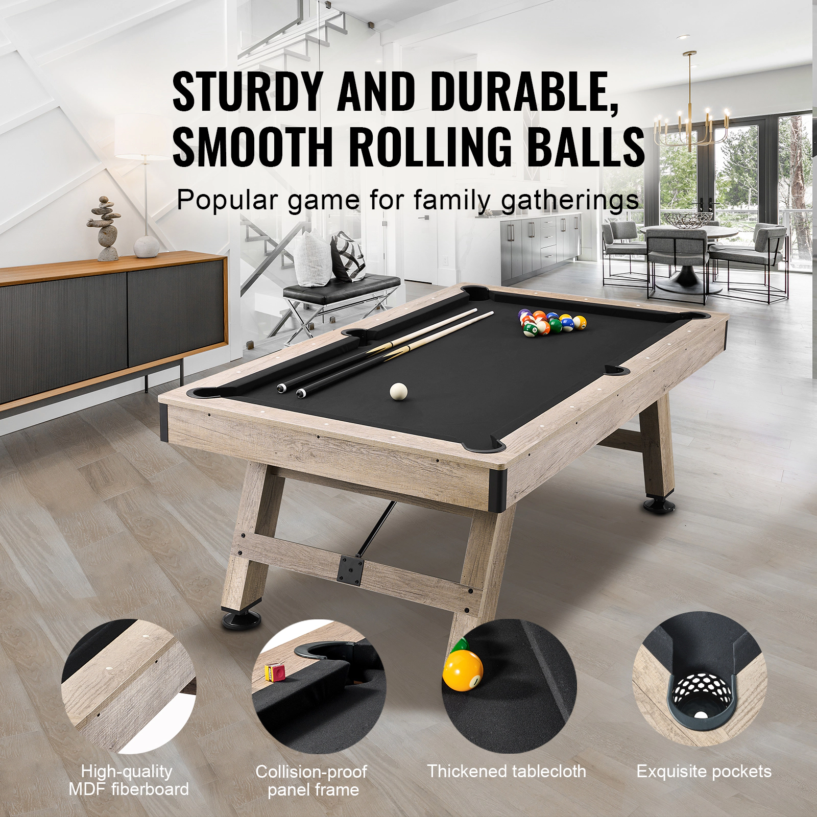HONGGE 7 FT Pool Table with Adjustable Legs, Balls, Cues & Chalk Set Included, Wood Color Billiards Table