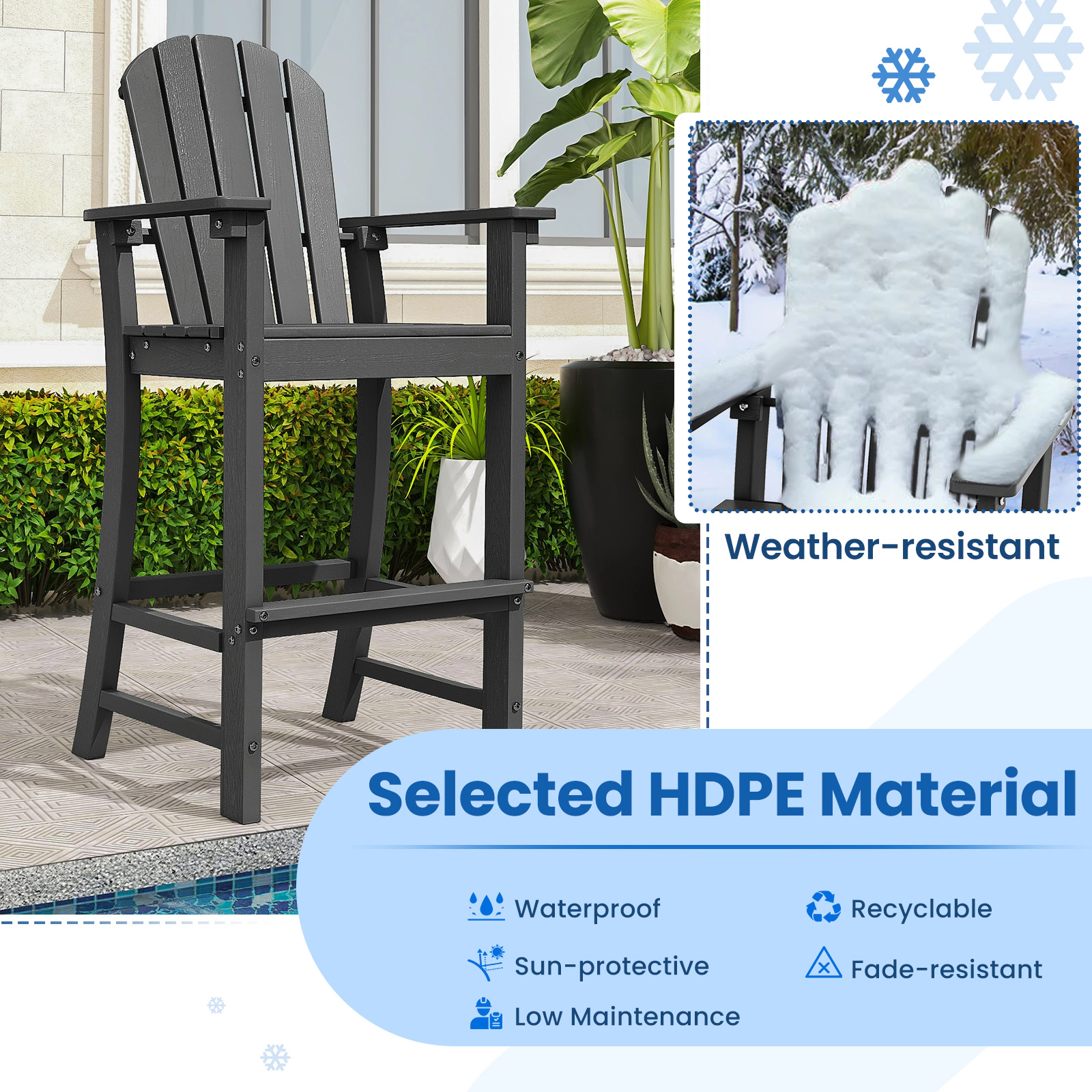 SUGIFT Set of 2 Black 30-Inch HDPE Outdoor Bar Stools with Armrests and Footrests