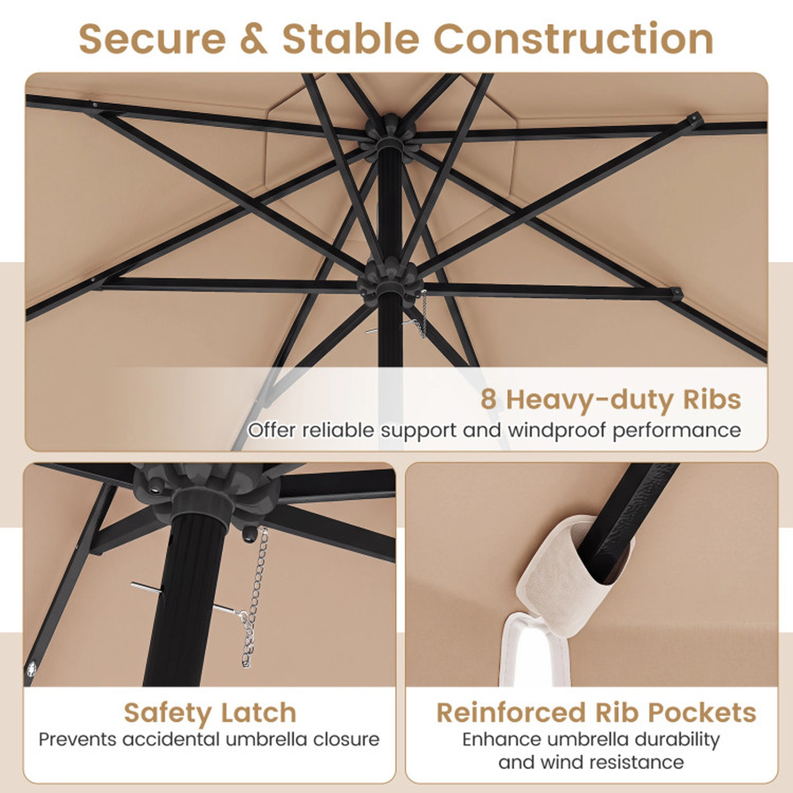 SUGIFT 10 ft Beige Solar LED Patio Umbrella, 24 Lights, 8 Ribs, Ruffled Edge, Push-Button Tilt