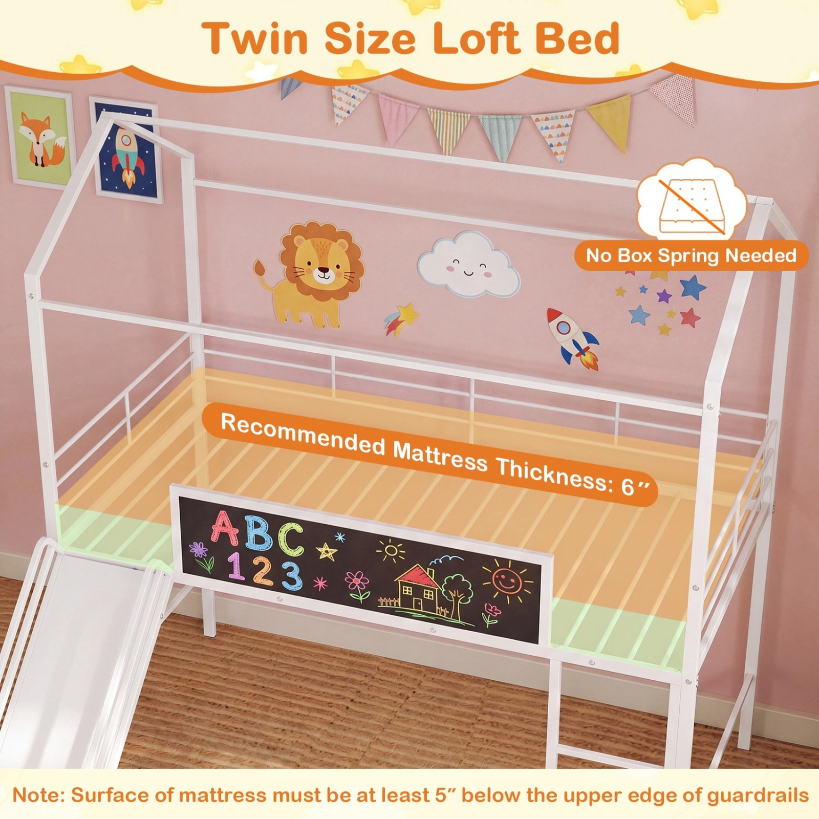 SUGIFT House-Shaped Kids Twin Loft Toddler Bed with Slide, Ladder and Chalkboard 250-lb Capacity Black/White