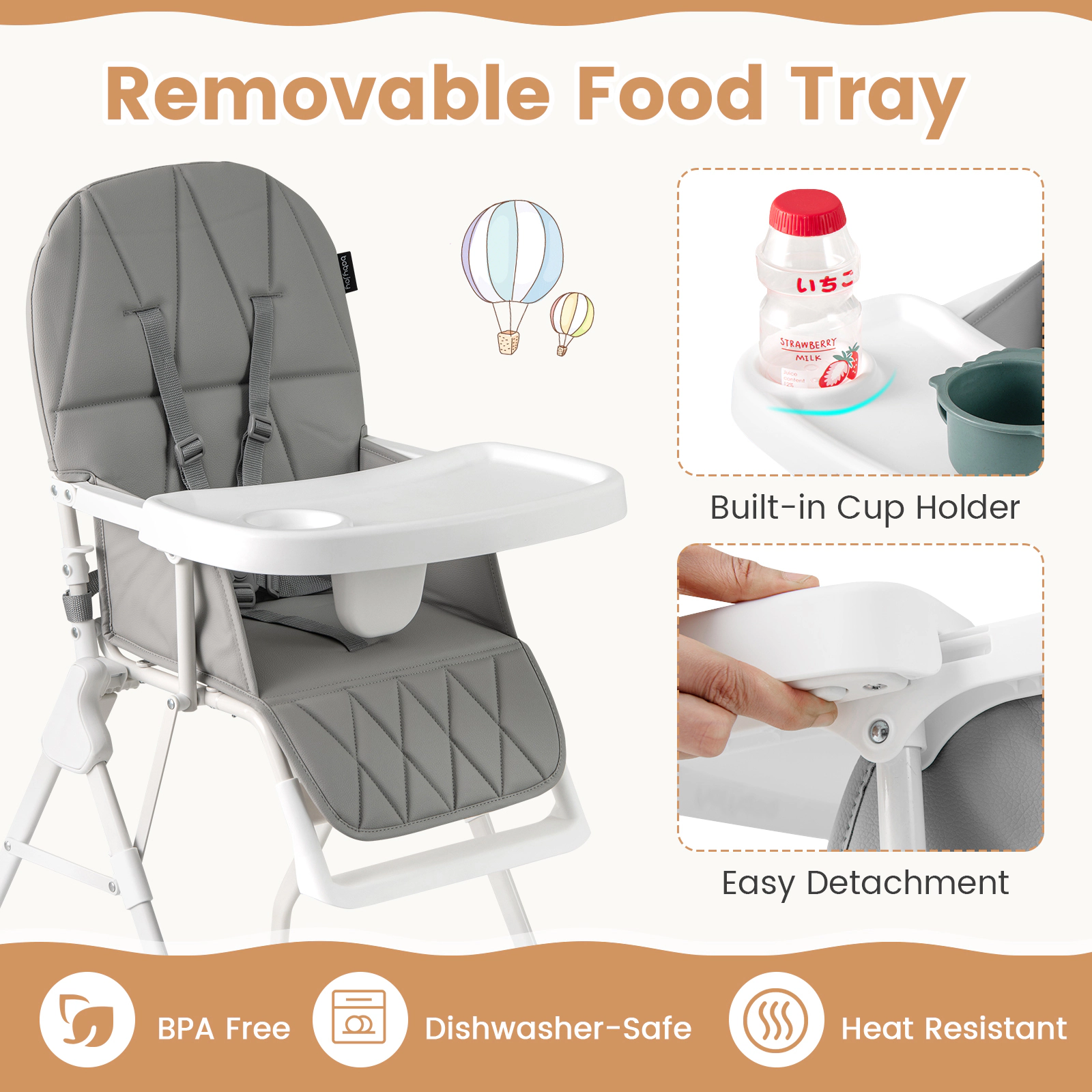 SUGIFT Easy Clean Compact High Chair with Removable Adjustable Tray 33-lb Capacity Ages 6 Months-3 Years Gray