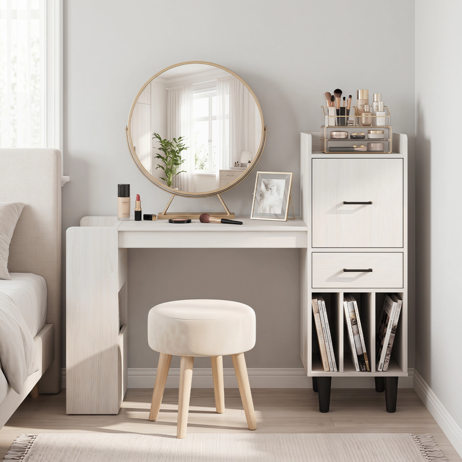 LJG 59" Home Office Desk with Side Storage Shelves and Drawer Cabinets for Bedroom