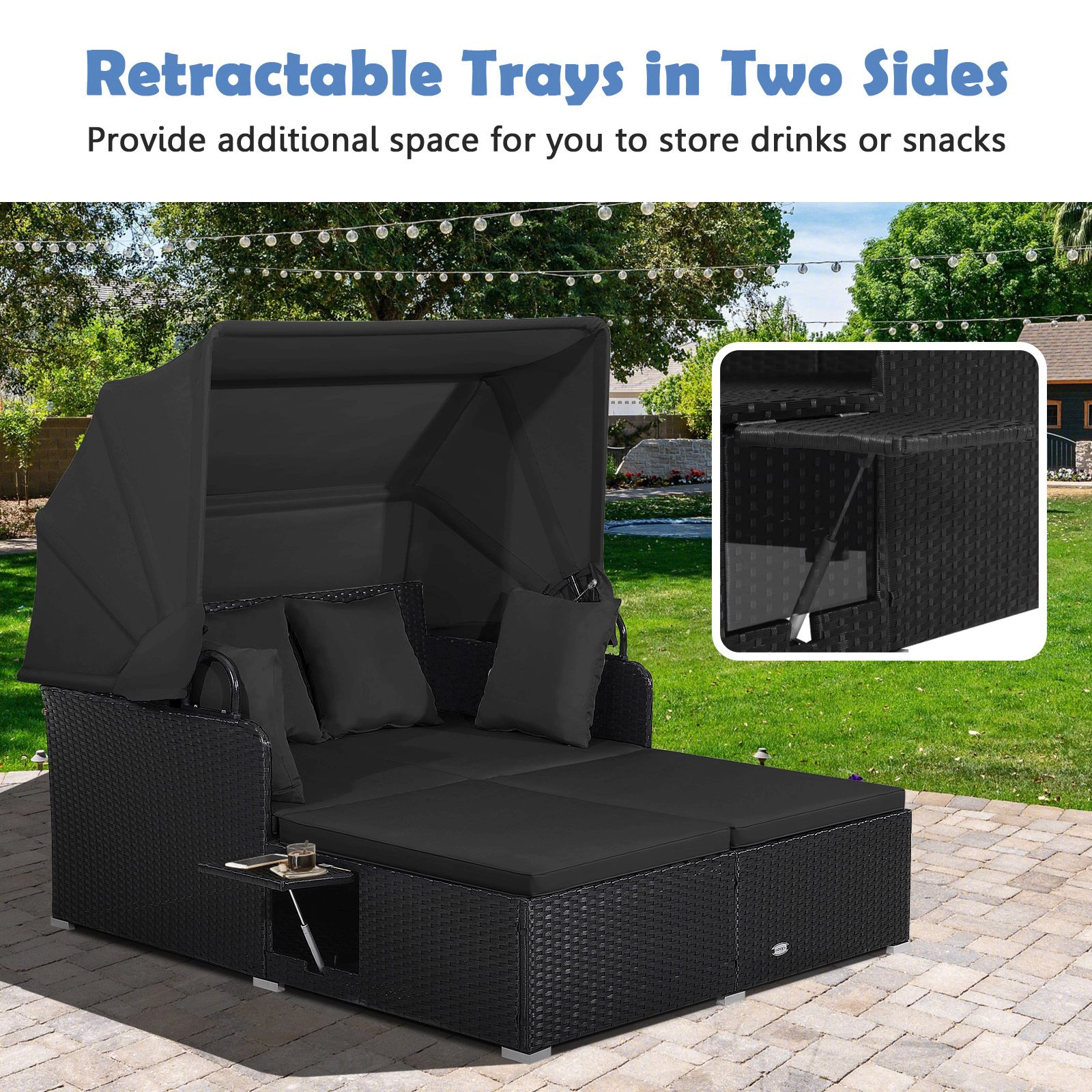 SlickBlue Outdoor Wicker Daybed with Retractable Canopy and Side Trays