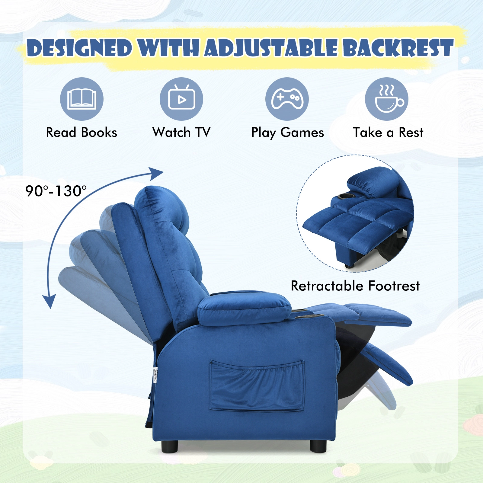 SUGIFT Light Blue Cup Holder and Retractable Footrest Velvet Kids Recliner Chair
