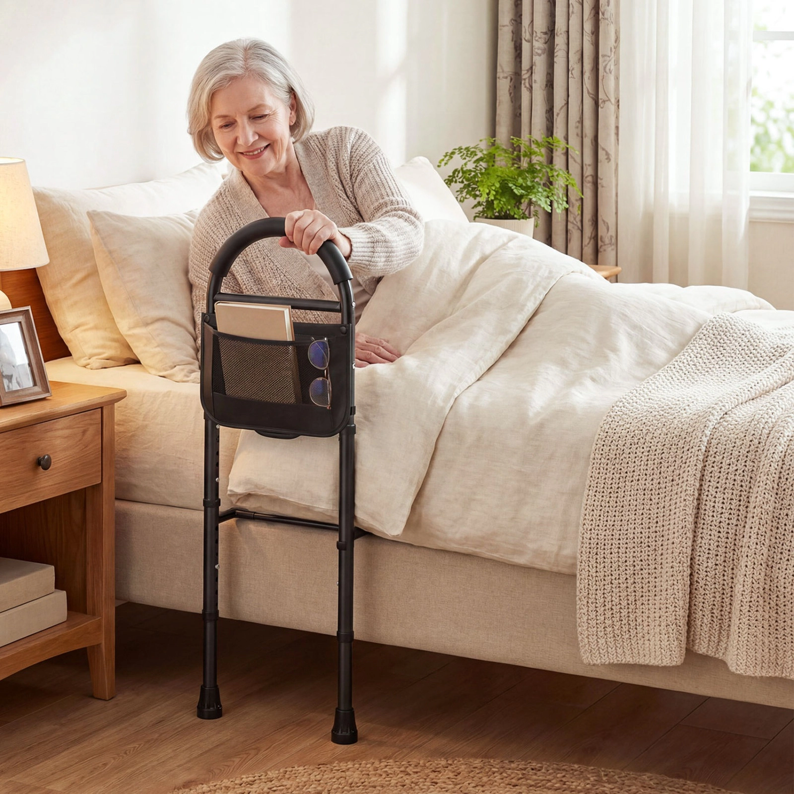 SUGIFT Height Adjustable Bed Assist Rail Storage Pocket 71-in Safety Strap 300-lb Capacity 13-19-in Bed Frames Black