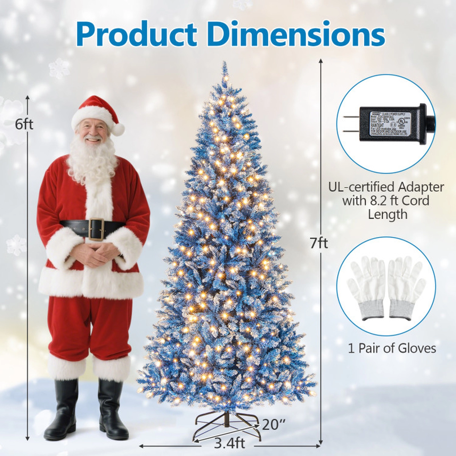 SUGIFT 7 ft Blue Artificial Christmas Tree Pre-Lit Snowy Branch Tips with Metal Stand