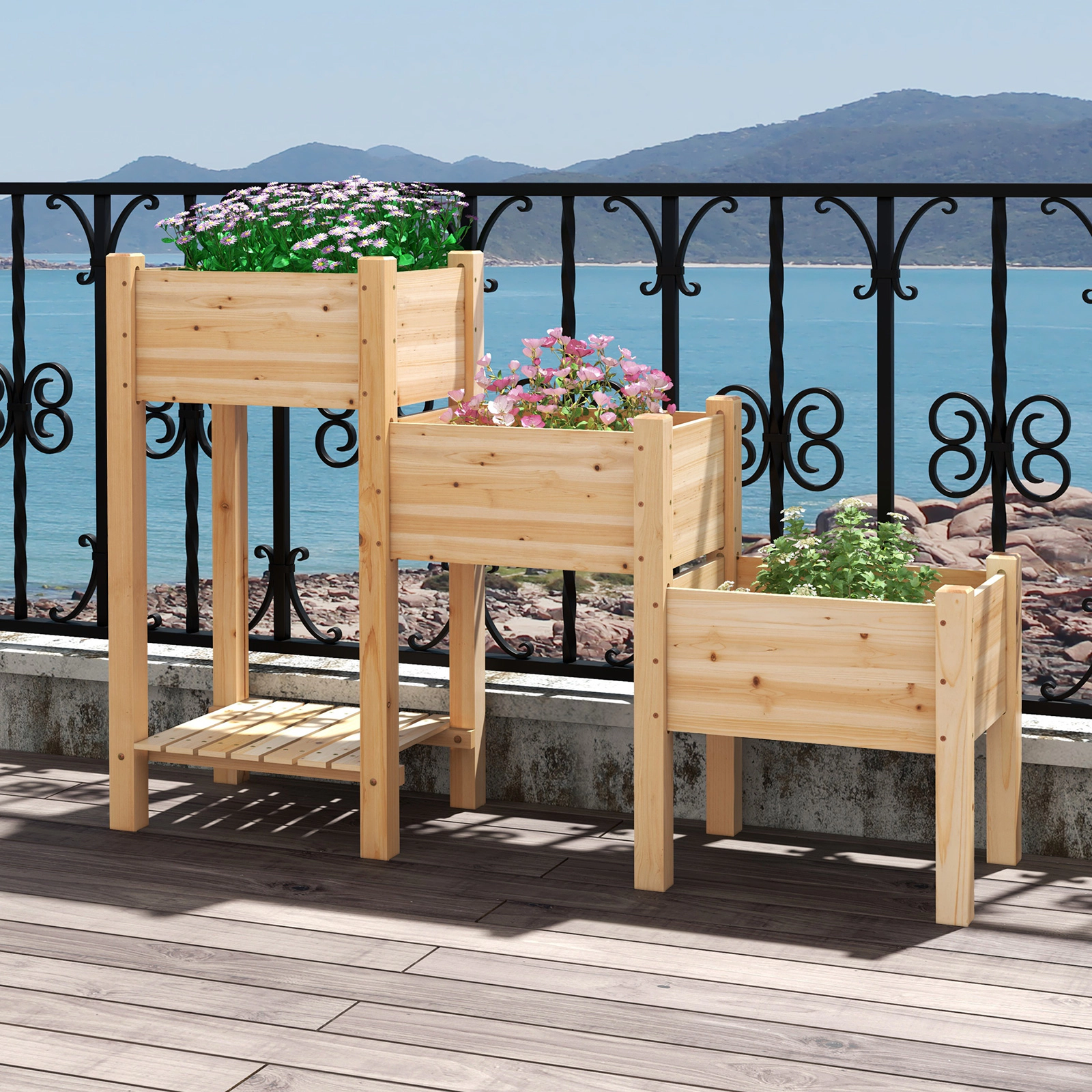 SUGIFT 3-Tier Natural Wood Raised Garden Bed with Open Storage Shelf 64-in W 17-in D 41-in H 66-lb Per Box