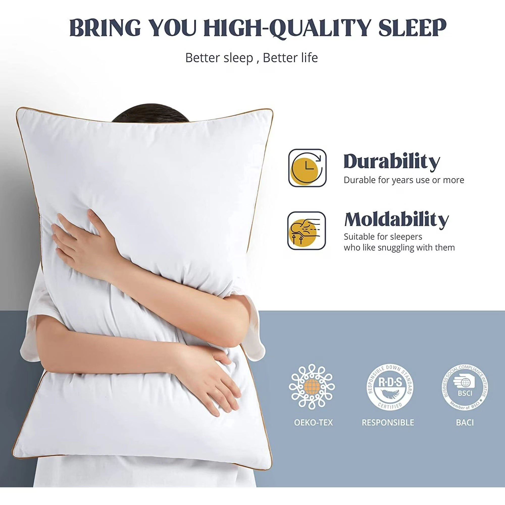 Unikome Set of 2 Goose Feather Pillows with Soft Cover, Medium Firm Bed Sleeping Pillows