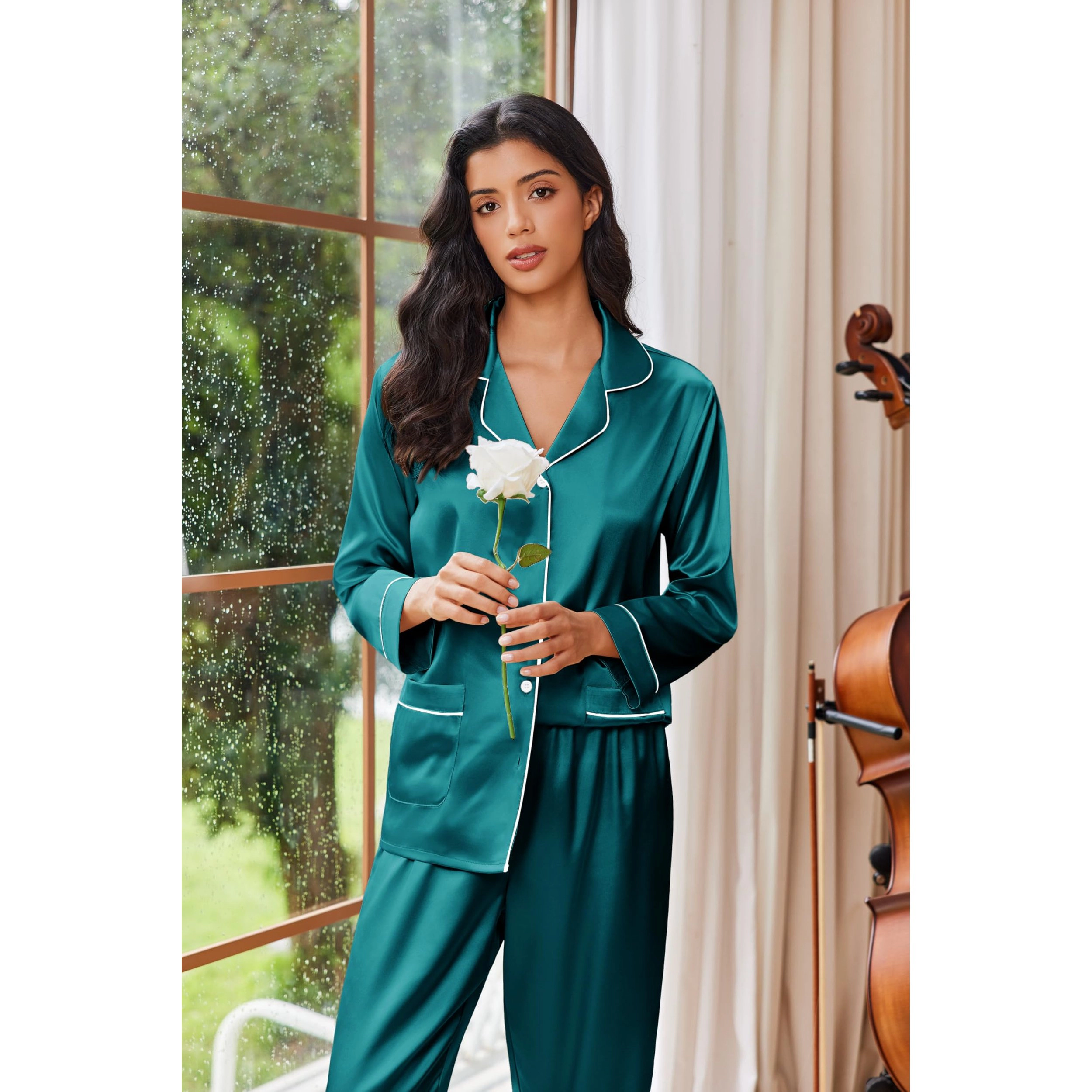 Ekouaer Womens Pajama Sets Satin Silk Pajamas Classic Button Down Sleepwear Long Sleeve Lounge