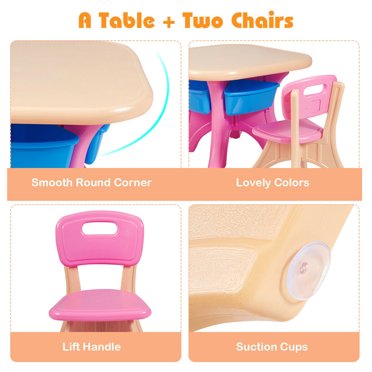 SUGIFT 4 Storage Boxes Indoor Outdoor 3-Piece Kids Plastic Play Table and Chair Set