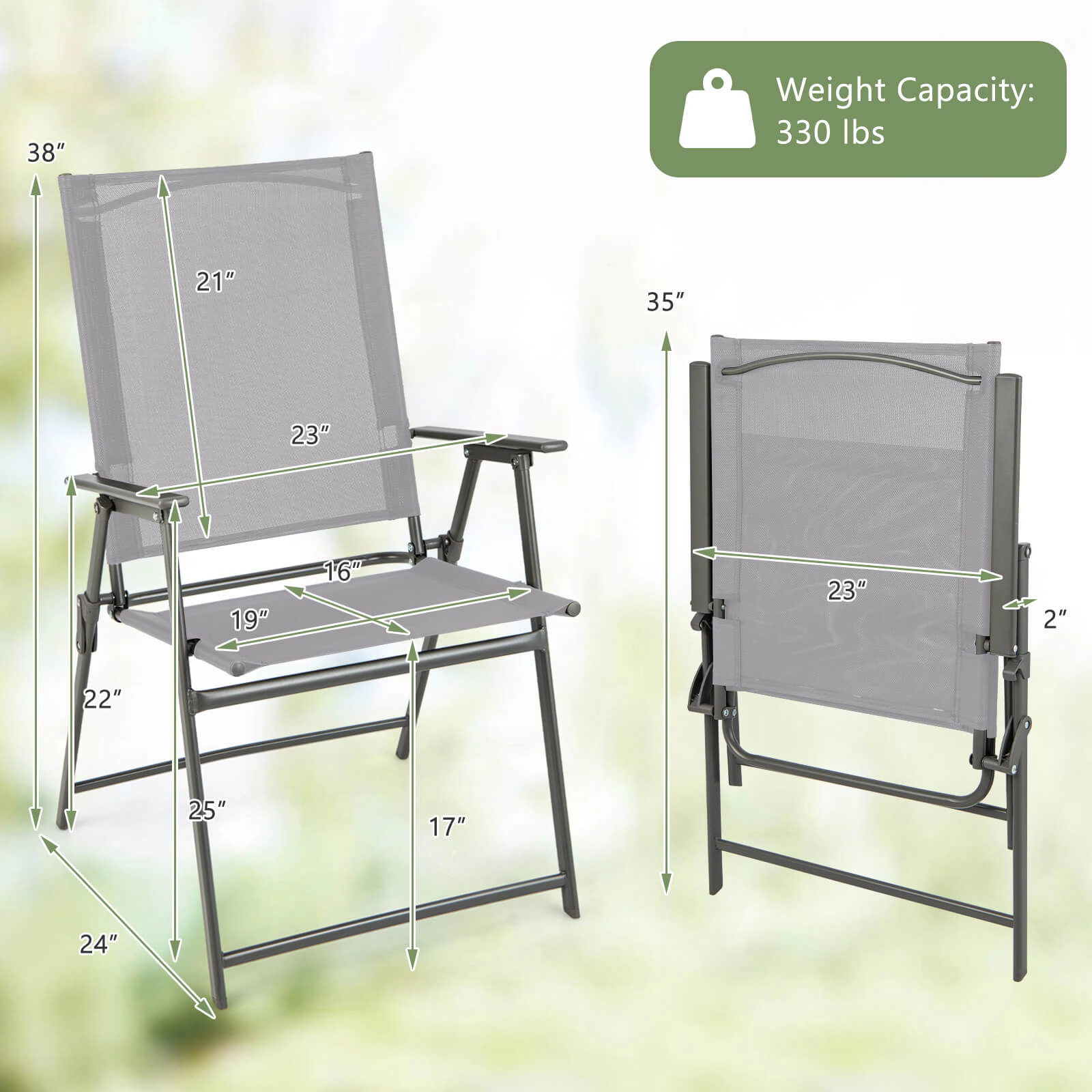 SUGIFT Set of 4 Gray Folding Patio Chairs, Metal Frame, Breathable Sling Seat