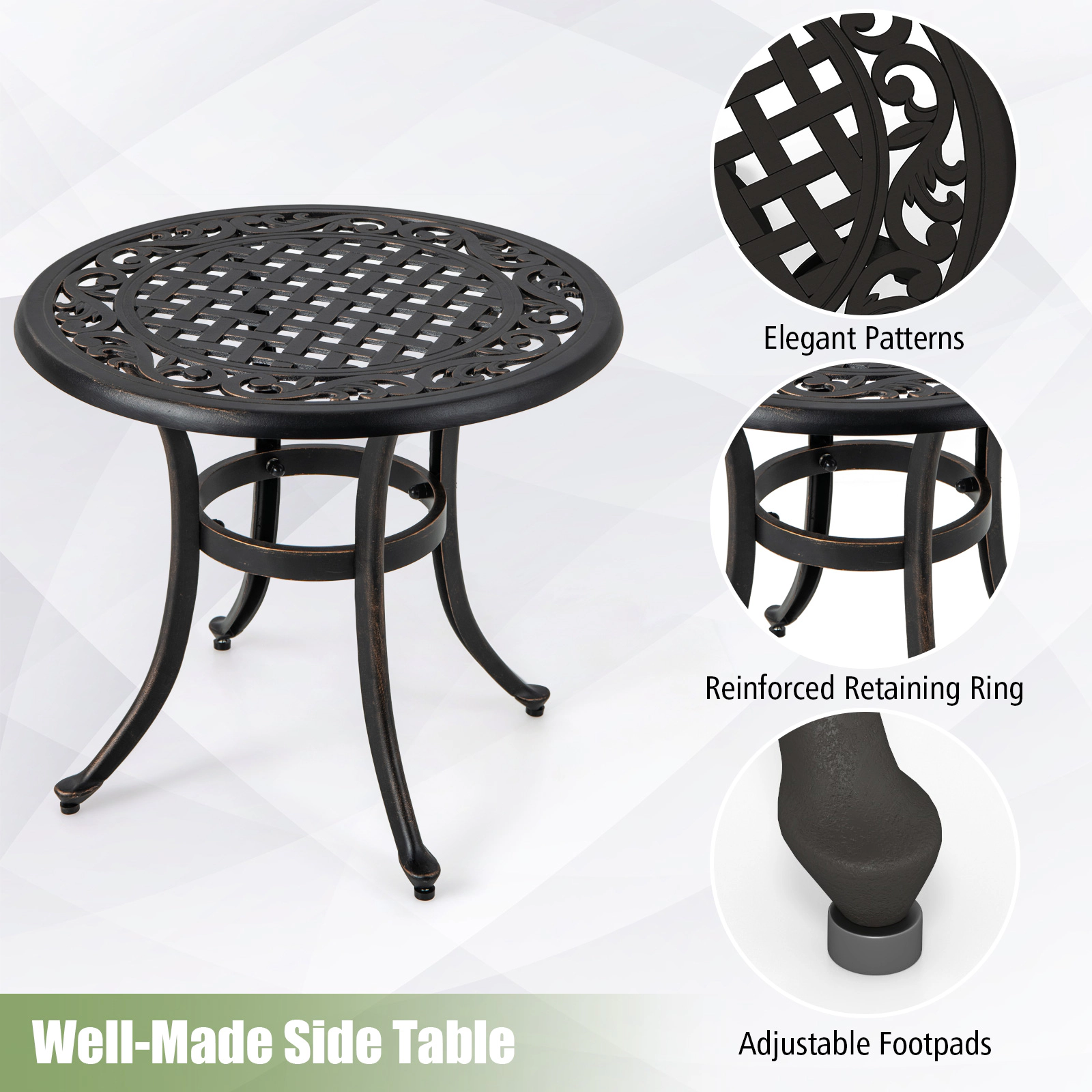 SUGIFT 24-in Round Cast Aluminum Patio Side Table with Adjustable Footpads 110-lb Capacity Antique Brown
