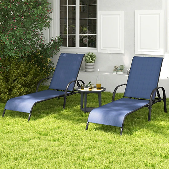 Hivvago 2 Pcs Outdoor Patio Lounge Chair Chaise Fabric With Adjustable Reclining Armrest-Navy