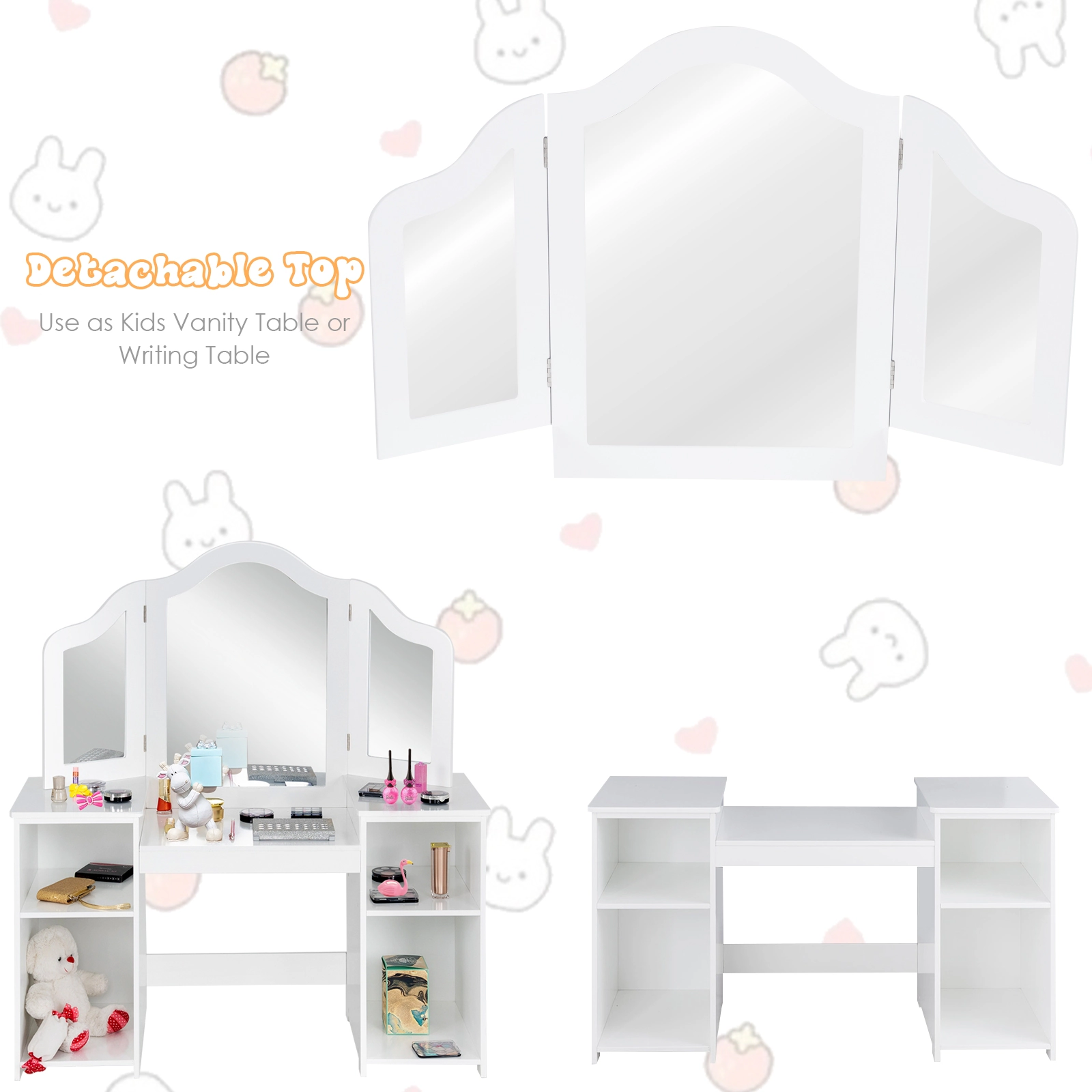 SUGIFT White Tri-Folding Mirror 4 Storage Compartments and Stool Kids Vanity Table Set
