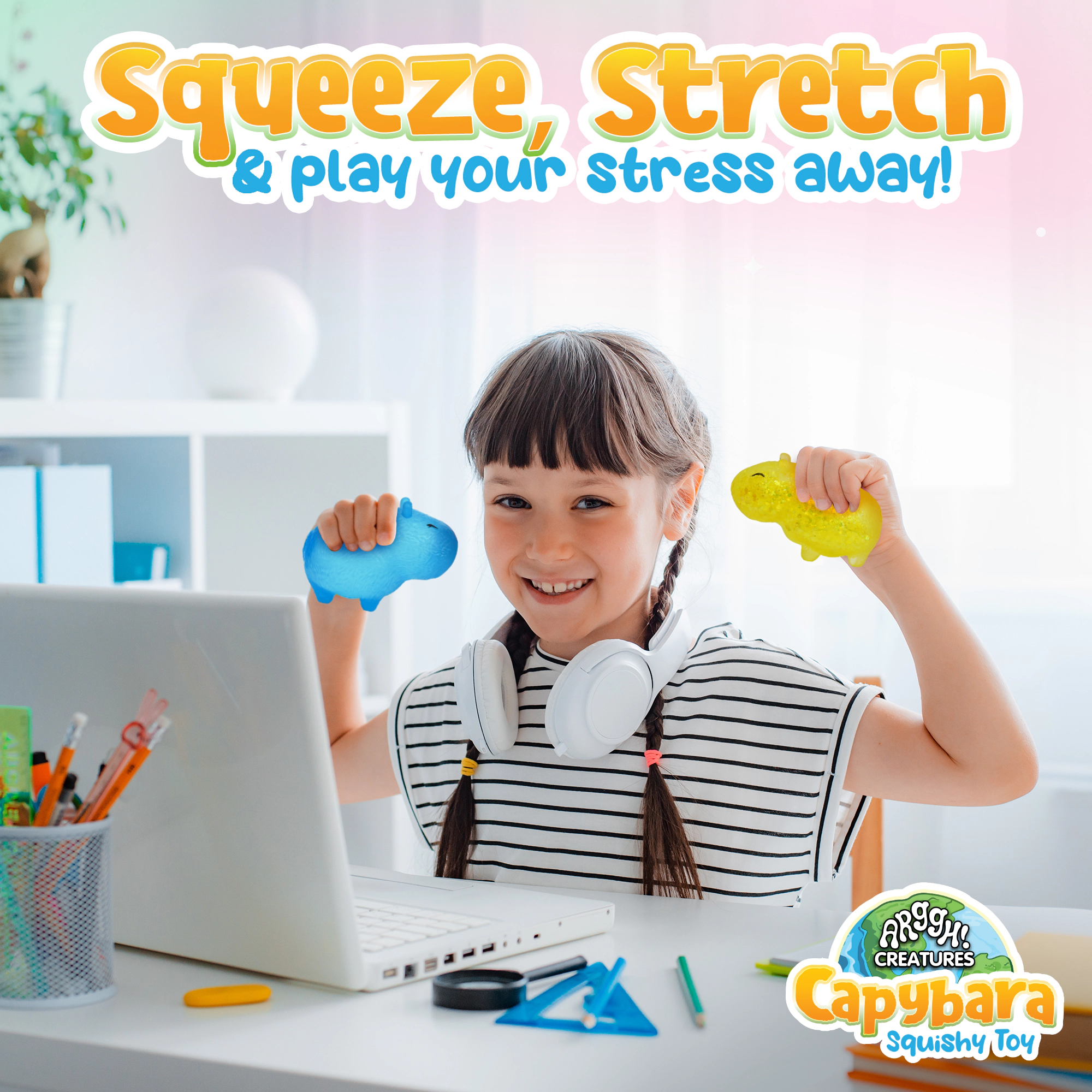 Power Your Fun Capybara Squishy Toy 2-Pack, Stress Relief Fidget STEM Toys (Yellow / Blue)