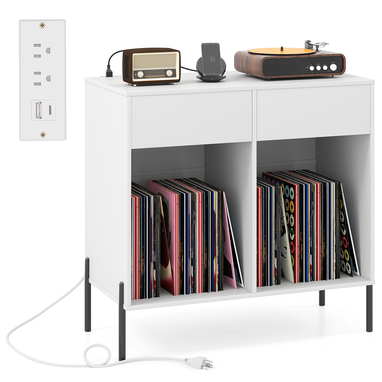 SUGIFT White Record Player Stand with Power Strip, USB Ports and Vinyl Storage