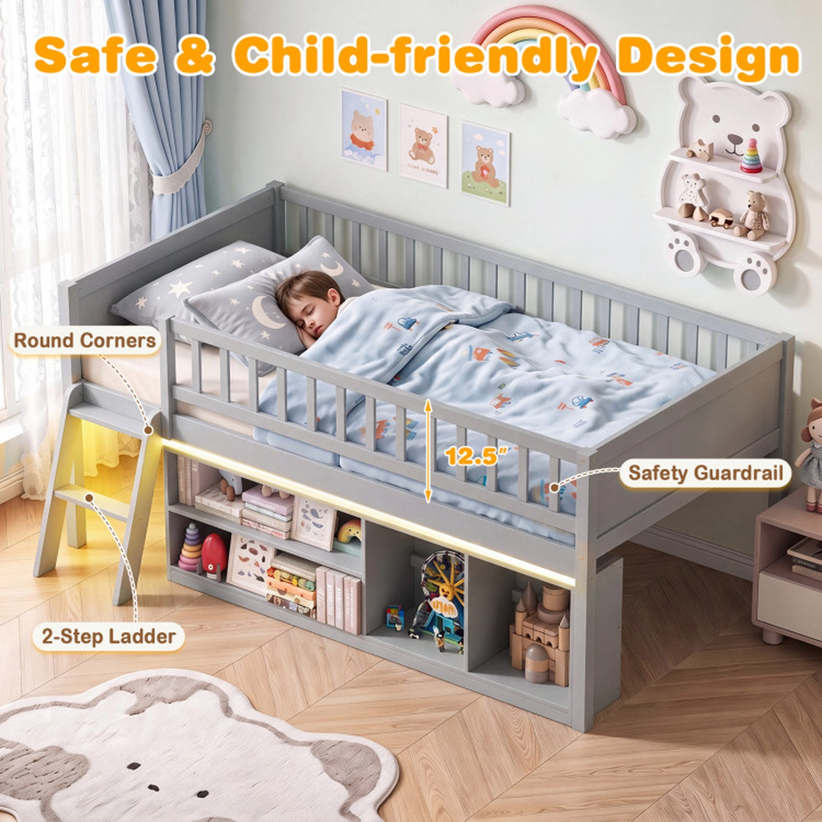 SUGIFT Twin Size Loft Toddler Bed with Adjustable LED Lights Bookshelves and Guardrails 400-lb Capacity Gray and White