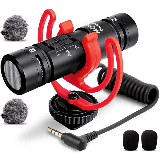 Movo DoubleMic V2 Two-Sided Shotgun Mic for Camera Vlogging - Dual Capsule External Microphone for iPhone, Android