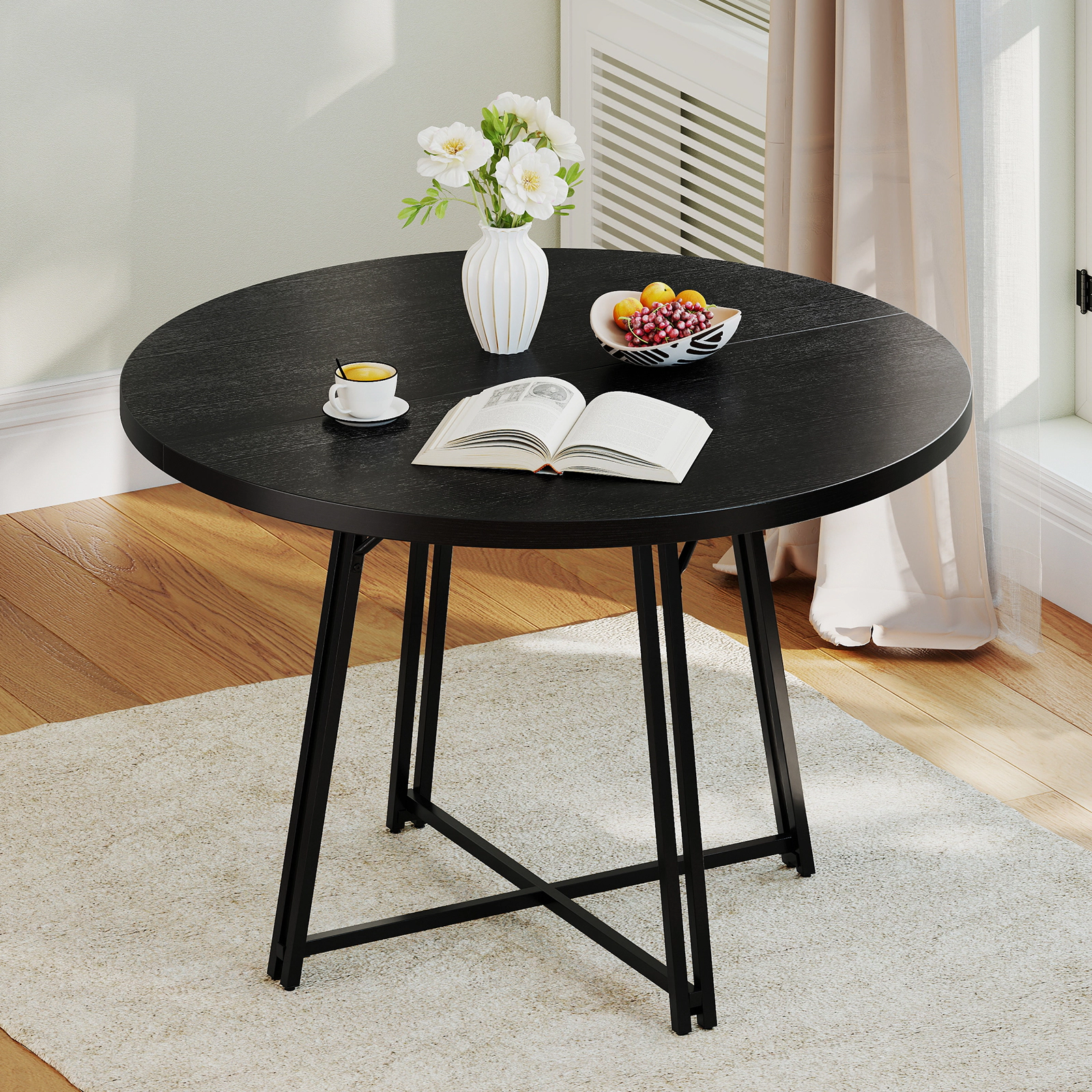 SUGIFT 47-in Round Dining Table for 4-6 People with Cross Metal Base 200-lb Capacity 47 x 30.5 in Black MDF Top
