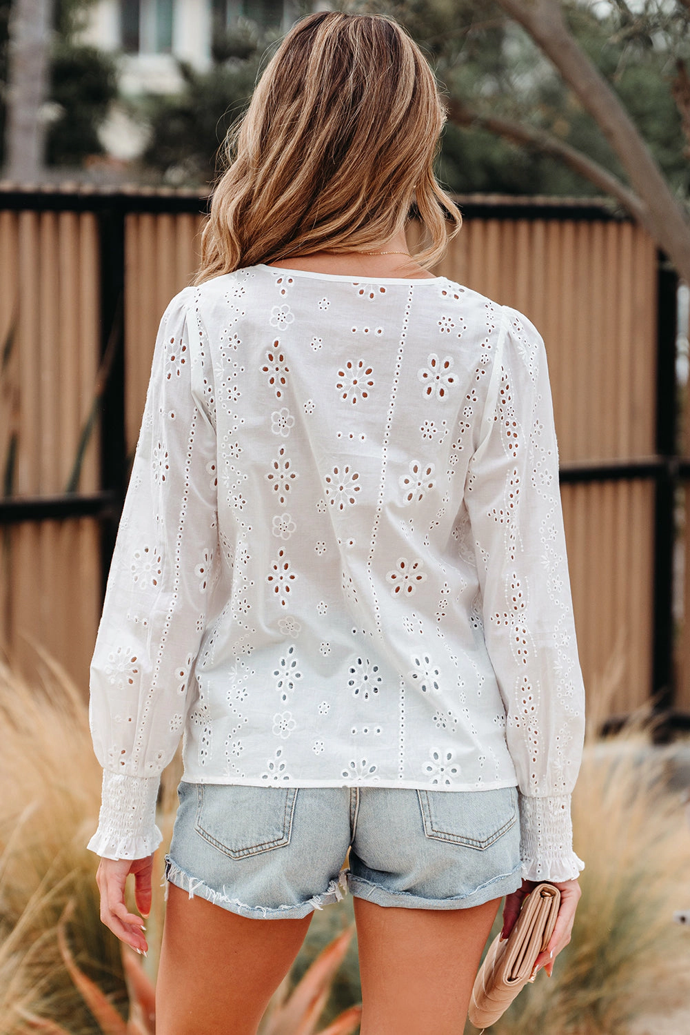Threaded Pear Women's Allison Eyelet Embroidered Smocked Cuff Sheer Blouse