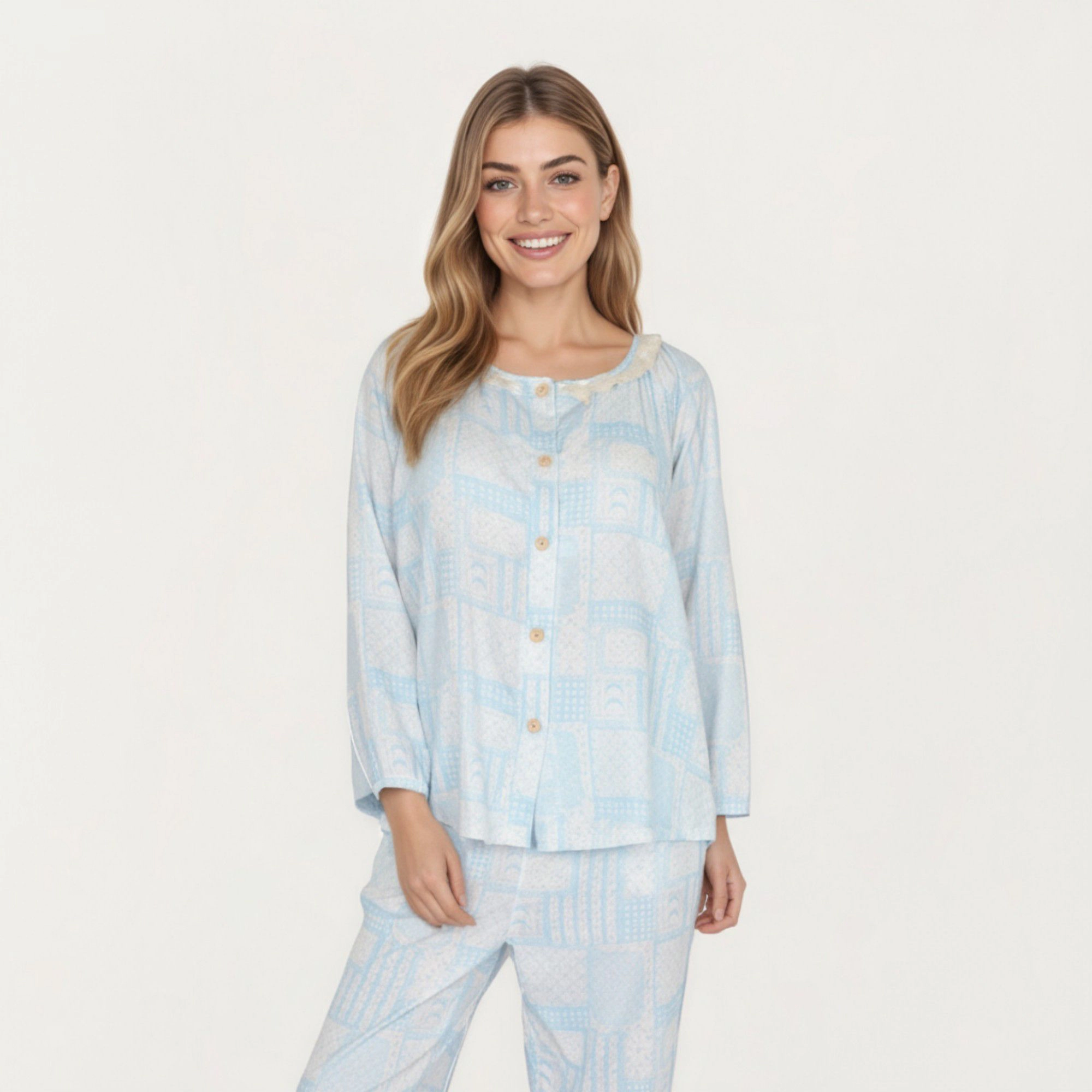 Anna-Kaci Women's 2-Piece Button Front Top with Built-In Chest Pads and Relaxed Pants Pajama Set Floral Print