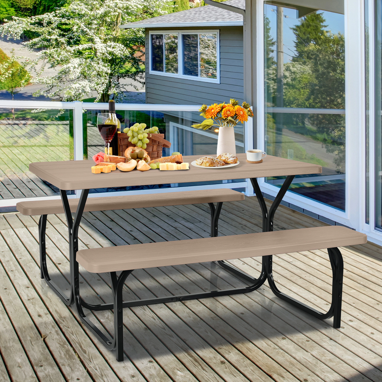SUGIFT Outdoor Picnic Table Bench Set Coffee HDPE Wood-Look Top with Metal Base