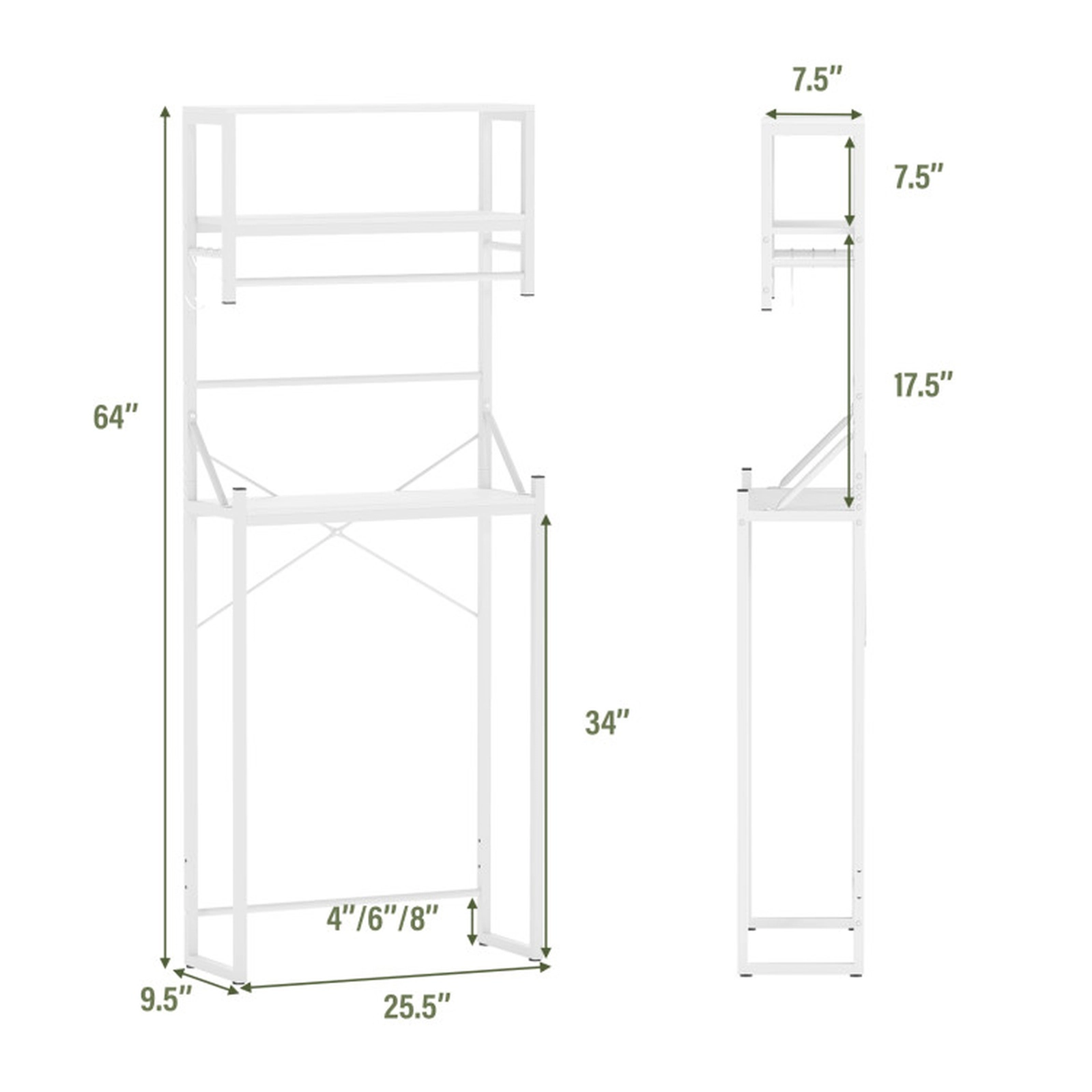 SUGIFT 3 Tier Over the Toilet Storage Rack White with Towel Holder and Adjustable Bar