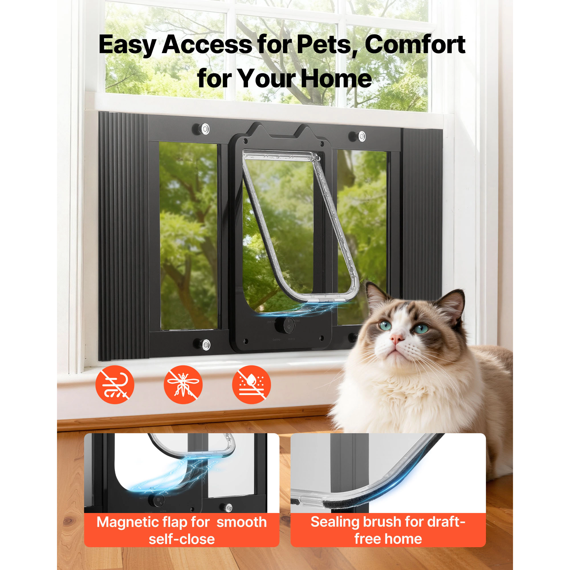 HONGGE Cat Door for Window, Adjustable 27 to 32 Inch Width, 4-Way Lock, Aluminum Frame with Magnetic Closure, Black