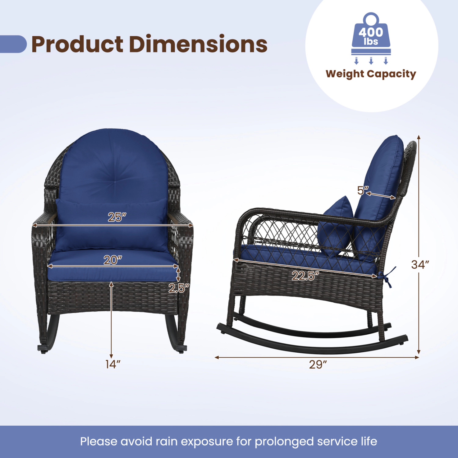 LJG Patio Rattan Rocking Chair with Seat Back Cushions and Waist Pillow